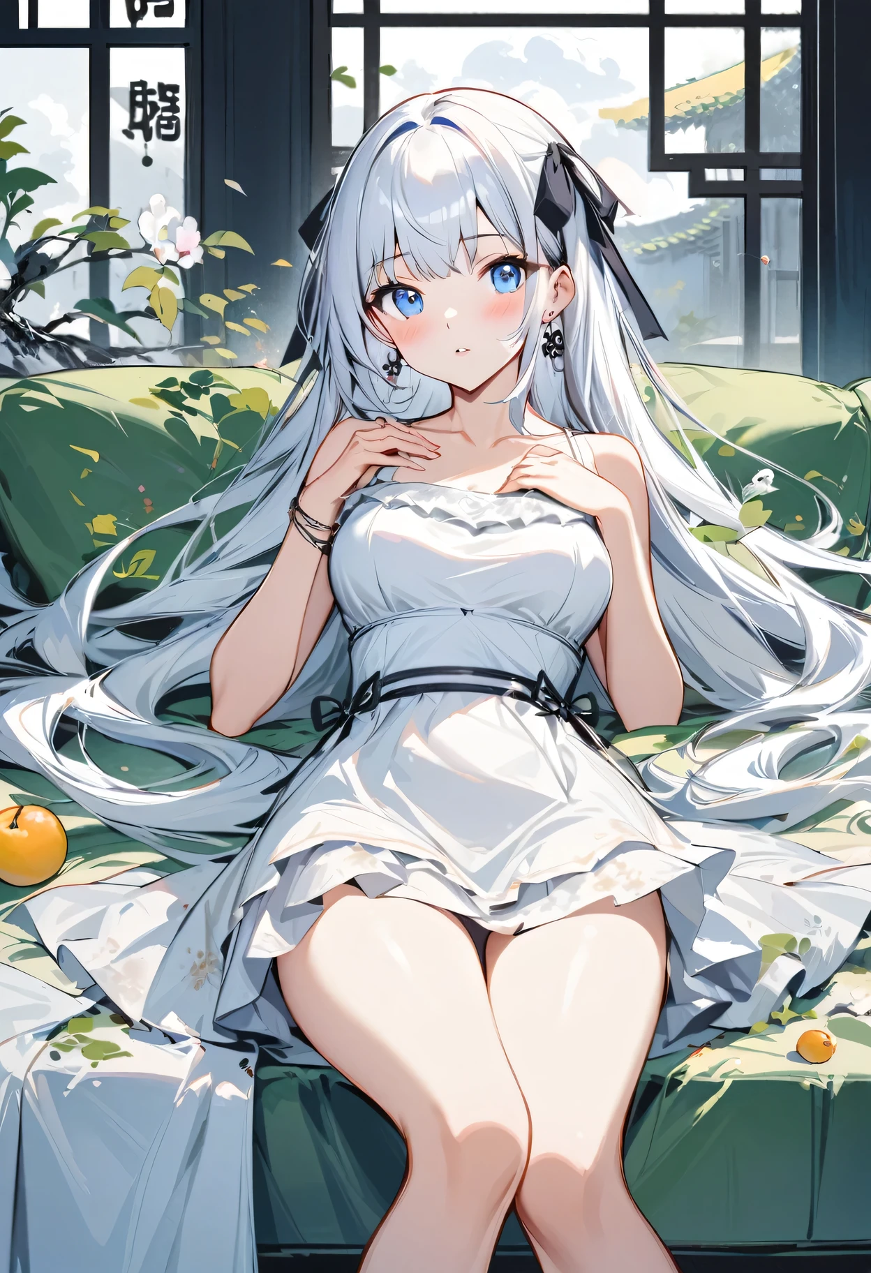fresh illustration, flat paint style, sky, cloud, plant, 1girl, solo, dress, blue eyes, long hair, white dress, looking at viewer, jewelry, breasts, bare shoulders, couch, earrings, white hair, parted lips, sleeveless, sleeveless dress, bare arms, bangs, ribbon, collarbone, feet out of frame, blush, thighs, bare legs, bracelet, hair ribbon, on couch, hair ornament, indoors, medium breasts, on back, lying, frilled dress, hand up, very long hair, black ribbon, pillow, flower, legs, A ink painting of a tranquil orchard with Chinese writing on it and a pair of birds building their nest, with a fruit-laden branch in the foreground, An Zhengwen, organic painting, a minimalist painting, art & language, ink and wash