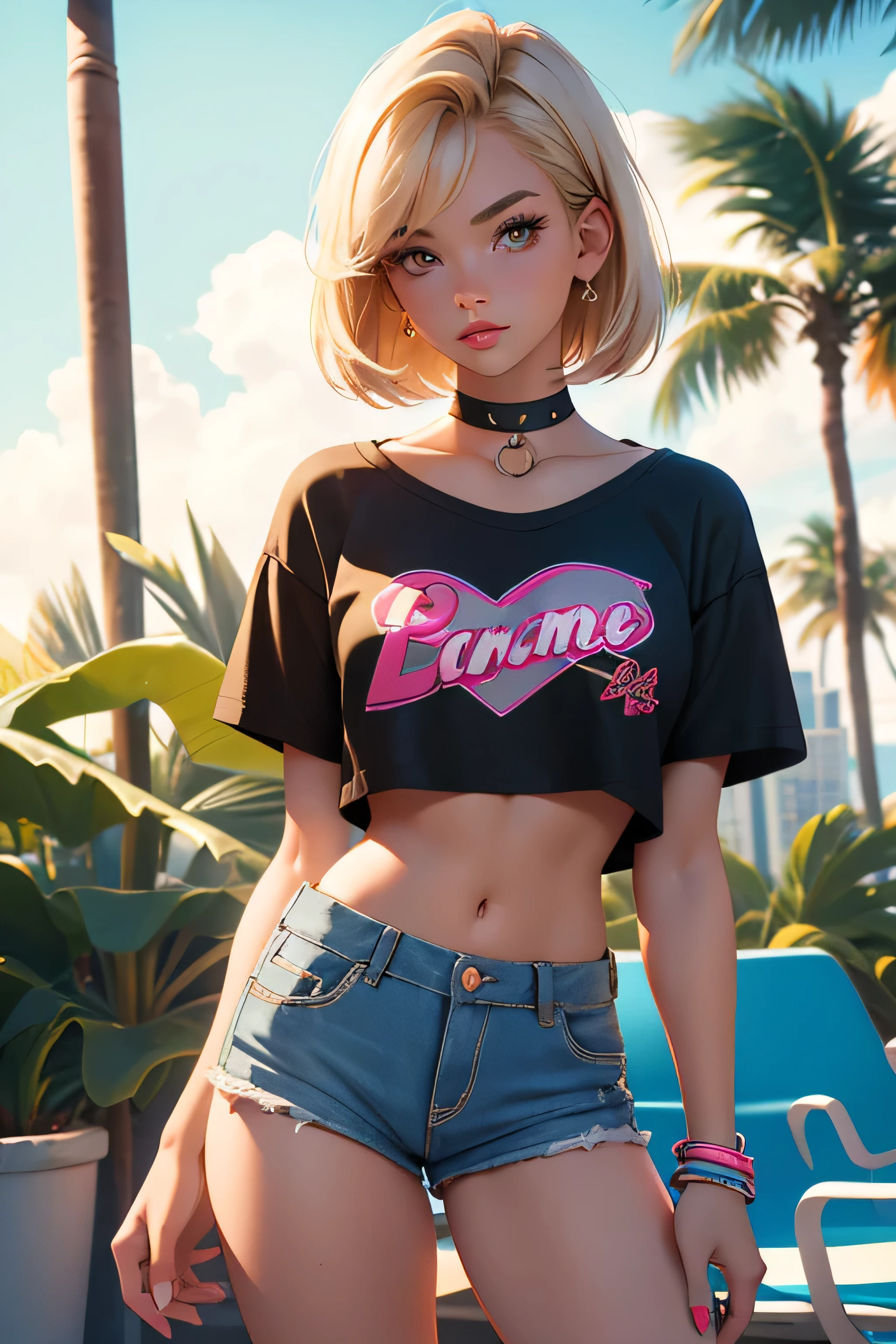 age girl-model 18 years old, beautiful, blonde, bob hair, bangs, brown eyes, beautiful figure, girl wearing crop shirt and too short mini shorts, beautiful long legs, slave bracelets, slave choker, manicure, cute makeup, flirtatiously posing, hot summer, hot flirty, sexy posing, summer outfit, top quality, higest quality, pin-up style, retro 80s style, Daisy Dukes style, slave girl, Miami vibes,