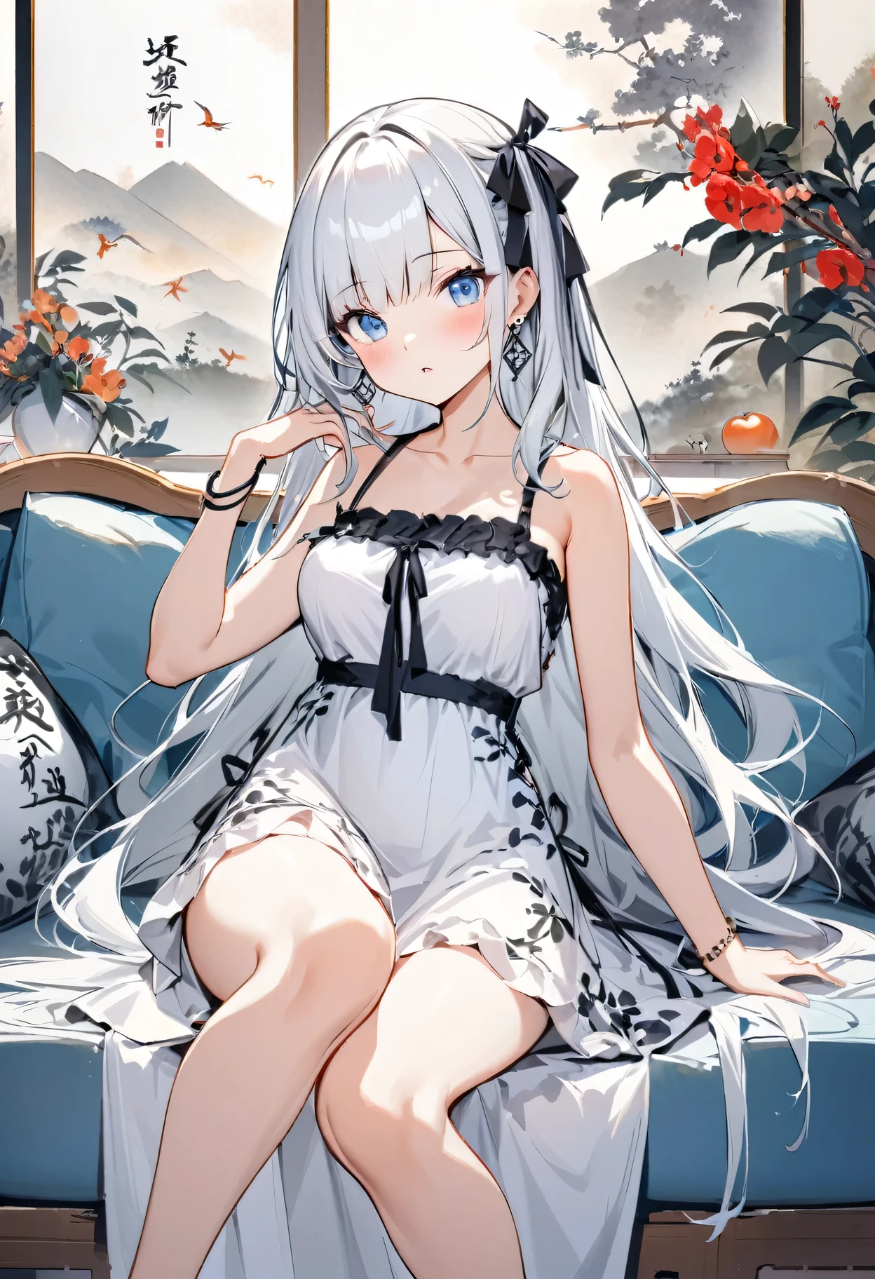fresh illustration, flat paint style, sky, cloud, plant, 1girl, solo, dress, blue eyes, long hair, white dress, looking at viewer, jewelry, breasts, bare shoulders, couch, earrings, white hair, parted lips, sleeveless, sleeveless dress, bare arms, bangs, ribbon, collarbone, feet out of frame, blush, thighs, bare legs, bracelet, hair ribbon, on couch, hair ornament, indoors, medium breasts, on back, lying, frilled dress, hand up, very long hair, black ribbon, pillow, flower, legs, A ink painting of a tranquil orchard with Chinese writing on it and a pair of birds building their nest, with a fruit-laden branch in the foreground, An Zhengwen, organic painting, a minimalist painting, art & language, ink and wash