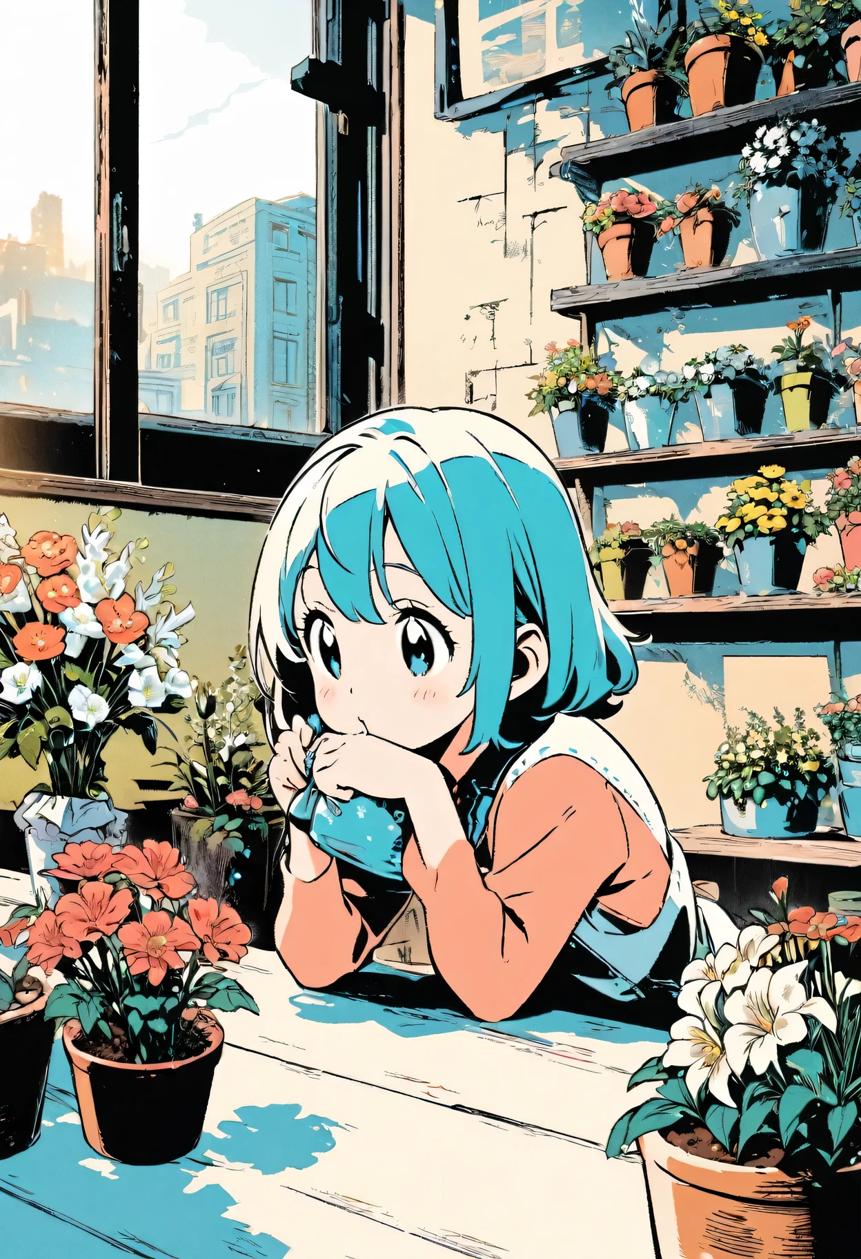 Best Quality,Official art,the Extremely Detailed CG Unity 8K Wallpapers,Slight retro color,riso print style,Illustration,Cute,1 girl,Flowers,Window,flower pots,Eat curry