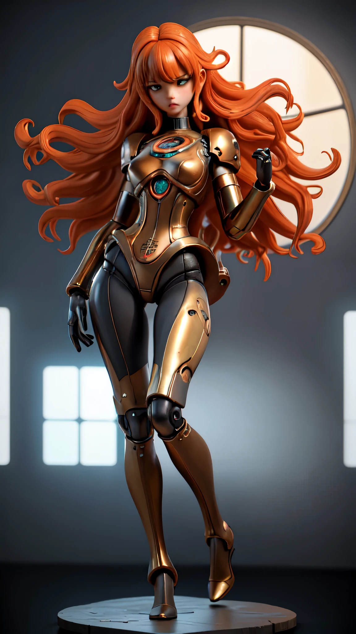 (Masterpiece, professional work, award winning), ultra realistic illustration, centered, mid shot, full body front view, looking toward camera, biochemical android steampunk, dynamic pose, orange long wavy hair, expressive, beautiful bang, ultra detailed steampunk museum vibrant colors create a hype realistic color splash art, Unreal minimalism with octane render creates depth of field with bokeh. Style: A sculpture made with bronze, using a combination of traditional techniques and 3D modeling, (Ultra detailed, finest detail, intricate), (Epic composition, epic proportion, epic fantasy), cinematic lighting, volumetric lighting, studio lighting, neon light, global illumination, (depth of field:0.4, blur, bloom:0.2), reflection, hard shadow, contrast, vibrant color, RAW photo, photography, UHD,