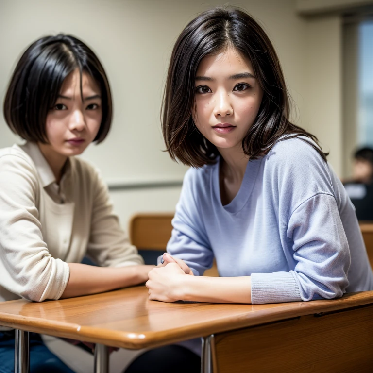 (happy expression:1.26)、RAW photo、(((Ultimate beauty half body photo shoot)))、((glowing skin))、1 girl、30 year old beautiful girl in Prague、10th generation、primary school student、young、Young Face、bright look、detailed face、bewitching、((black haired、short cut hair:1.2))、(Sitting on a chair with elbows on a school desk and legs wide)、((standing on tiptoe))、counter point shot、((super detailed))、(Perfectly detailed face)、(detailed hands)、(finger details)、(excellent human structure)、photorealistic imageasterpiece、最high quality、super detailed、film light、intricate details、High resolution、very detailed))、detailed background、8KUHD、Digital single-lens reflex camera、soft light、high quality、film grain、Fujifilm XT3 、shallow depth of field、natural soft light、Kamimei、classroom、View from slightly below
