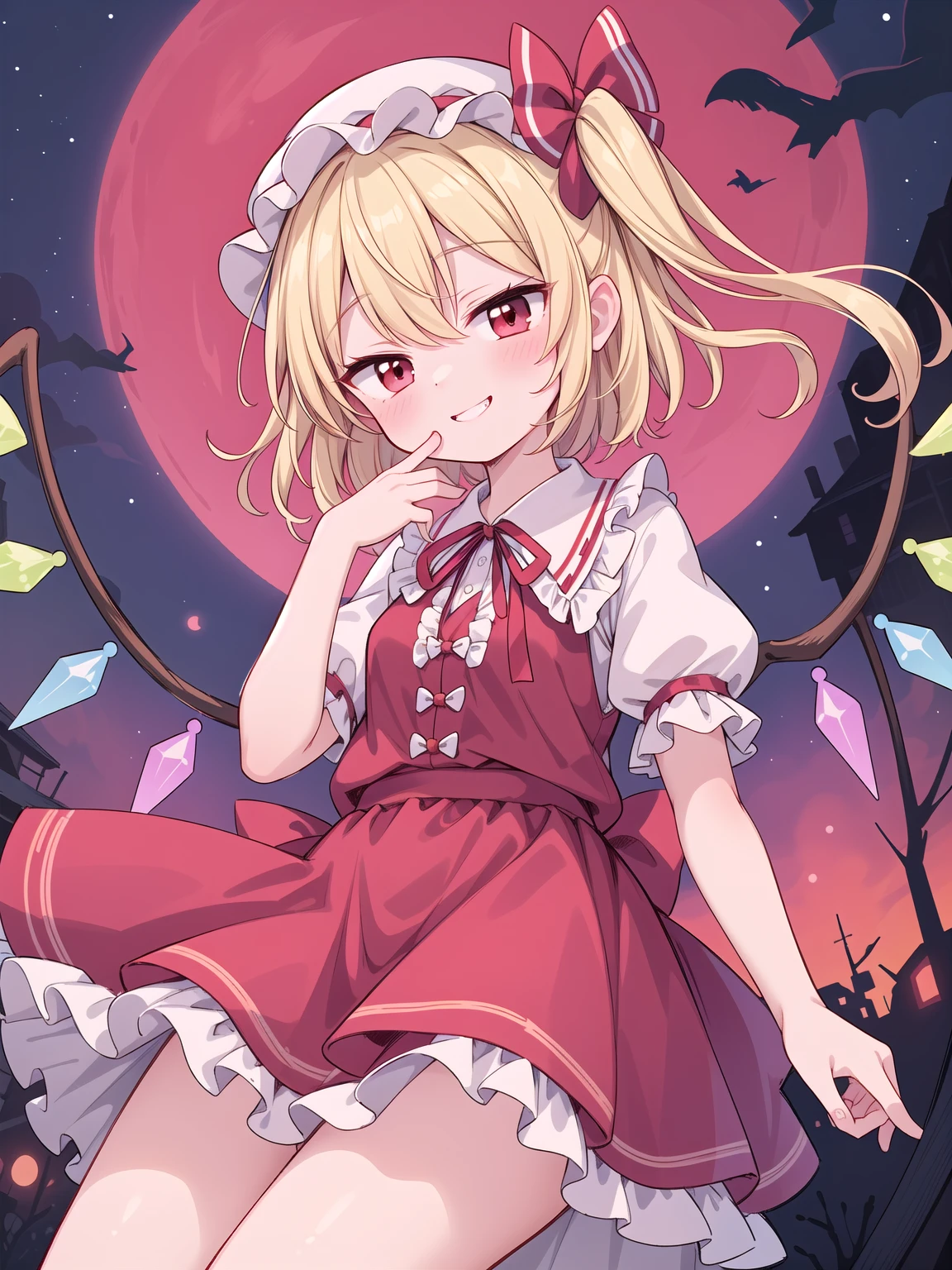 masterpiece, best quality,ultra detail, Flandre_Scarlet_Touhou,1girl, blonde hair, wings, red eyes, looking at viewer, blush, hat, crystal, one side up, ribbon, night sky,red moon,evil smile,flying sky,floating air,from below