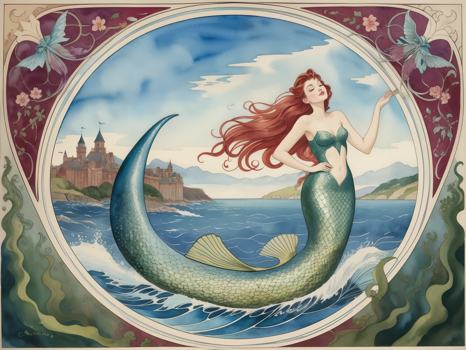 Art Nouveau, Gorgeous, Decorative, Flowing curves, The Little Mermaid, Floating, hair, tail, Fluttering in the wind, Nature motifs, design, elegant, beautiful, mysterious, Vibrant colors, watercolor, Curvaceous, Floral, Seaweed, shell, delicate, grace, Dreamy, romantic, Artistic, Picturesque, Fantasy, Mermaid, beauty, Elegant, organic, flowing