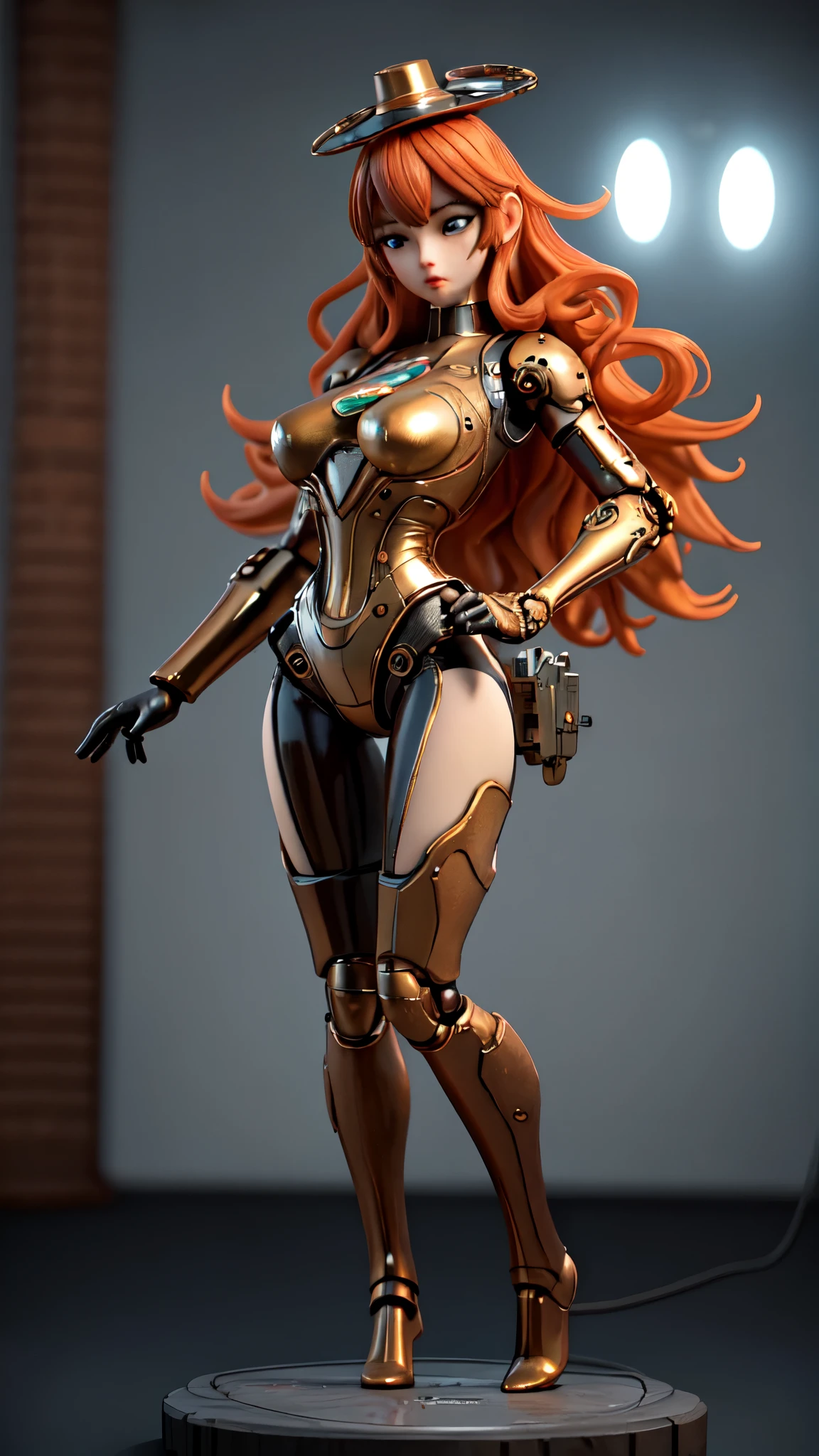 (Masterpiece, professional work, award winning), ultra realistic illustration, centered, mid shot, full body front view, looking toward camera, biochemical android steampunk, dynamic pose, orange long wavy hair, expressive, beautiful bang, ultra detailed steampunk museum vibrant colors create a hype realistic color splash art, Unreal minimalism with octane render creates depth of field with bokeh. Style: A sculpture made with bronze, using a combination of traditional techniques and 3D modeling, (Ultra detailed, finest detail, intricate), (Epic composition, epic proportion, epic fantasy), cinematic lighting, volumetric lighting, studio lighting, neon light, global illumination, (depth of field:0.4, blur, bloom:0.2), reflection, hard shadow, contrast, vibrant color, RAW photo, photography, UHD,