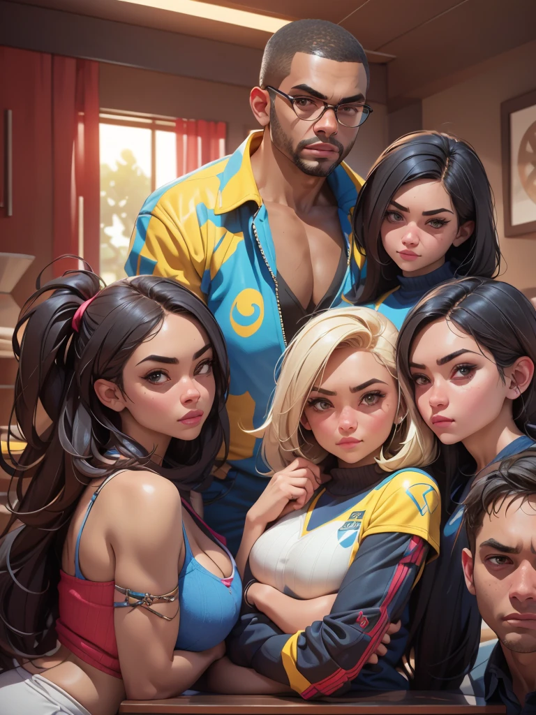 (Best Quality, 2k, Masterpiece, QHD: 1.3, A Handsome short haired african barbarian   man is surrounded by three women up against him touching him and gaze at him, at a mansion, wearing Tracksuits that show off body, perfect bodies, women: long flowing hair, seductive, materials, golden hour, , jewelry, golden hour, photorealistic, masterpiece, in love, small grin, perfect faces, Flirtatious-groping 