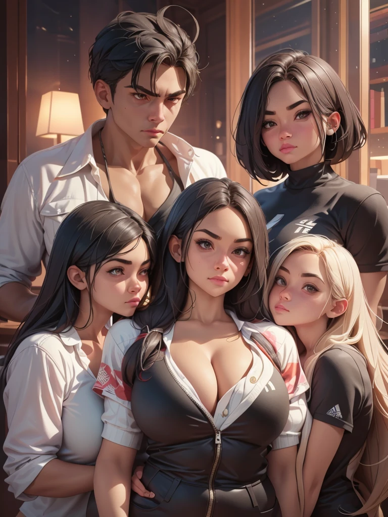 (Best Quality, 2k, Masterpiece, QHD: 1.3, A Handsome short haired african barbarian man is surrounded by three women up against him touching him and gaze at him, at a mansion, wearing Tracksuits that show off body, perfect bodies, women: long flowing hair, seductive, materials, golden hour, , jewelry, golden hour, photorealistic, masterpiece, in love, small grin, perfect faces, Flirtatious-groping