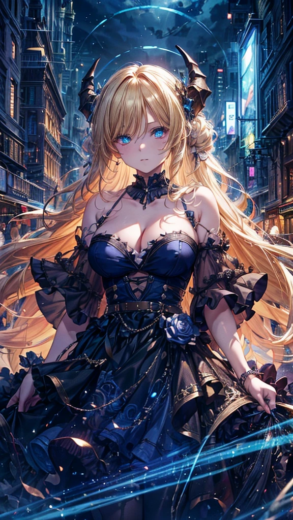 High definition 1.5
(beautiful background: 1.18),
high resolution, art, work, highest quality,
blue glowing demonic eyes, blonde hair, Milliam hair, off-shoulder blouse, illuminated city background