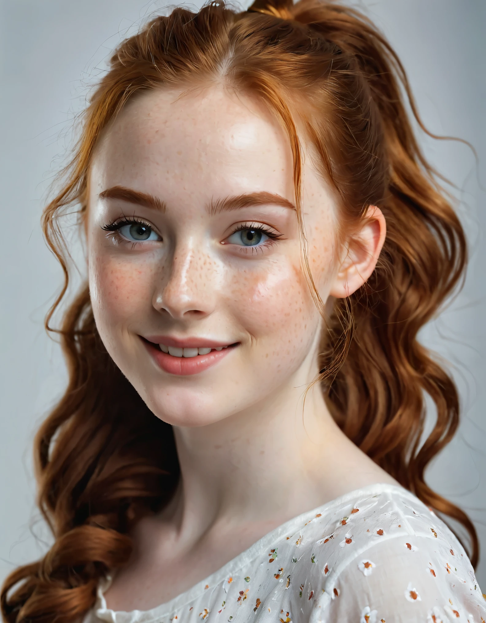 photography half body portrait of very beautiful realistic girl, dancing, -yeld, polain skin, very fair skin, very pale skin, redhead, wavy, ponytail, detail freckles skin, hazel eyes, slanted eyes, small nose, small nostril, thick curved eyebrow, thick bottom lip, seductive gaze, happy face, unique face, wear fancy dress, detail photo, realistic photo, master piece picture, sharp picture, outdoor clear daylight