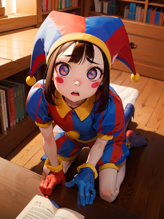 ((best quality)), ((highly detailed)), , (1girl), (solo), from above, bird's-eye view, on all fours, pomni, brown hair, (symbol-shaped pupils:1.1), blush stickers, clown, hat, jester cap, multicolored headwear, puffy sleeves, short sleeves, gloves, mismatched gloves, red glove, blue glove, (inside, at a library, book shelves, books)