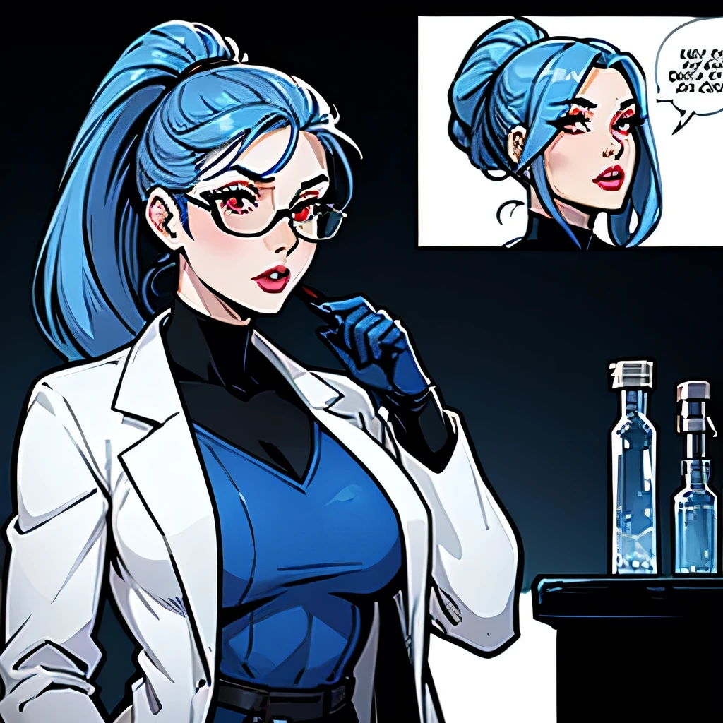 Beautiful woman scientist. pretty girl She has red eyes and long eyelashes. Light-colored lipstick on lips. She tied her hair in a ponytail and her hair was blue. She wore a white lab coat and carried a test flask and goggles. comic, comic panel, dc comics