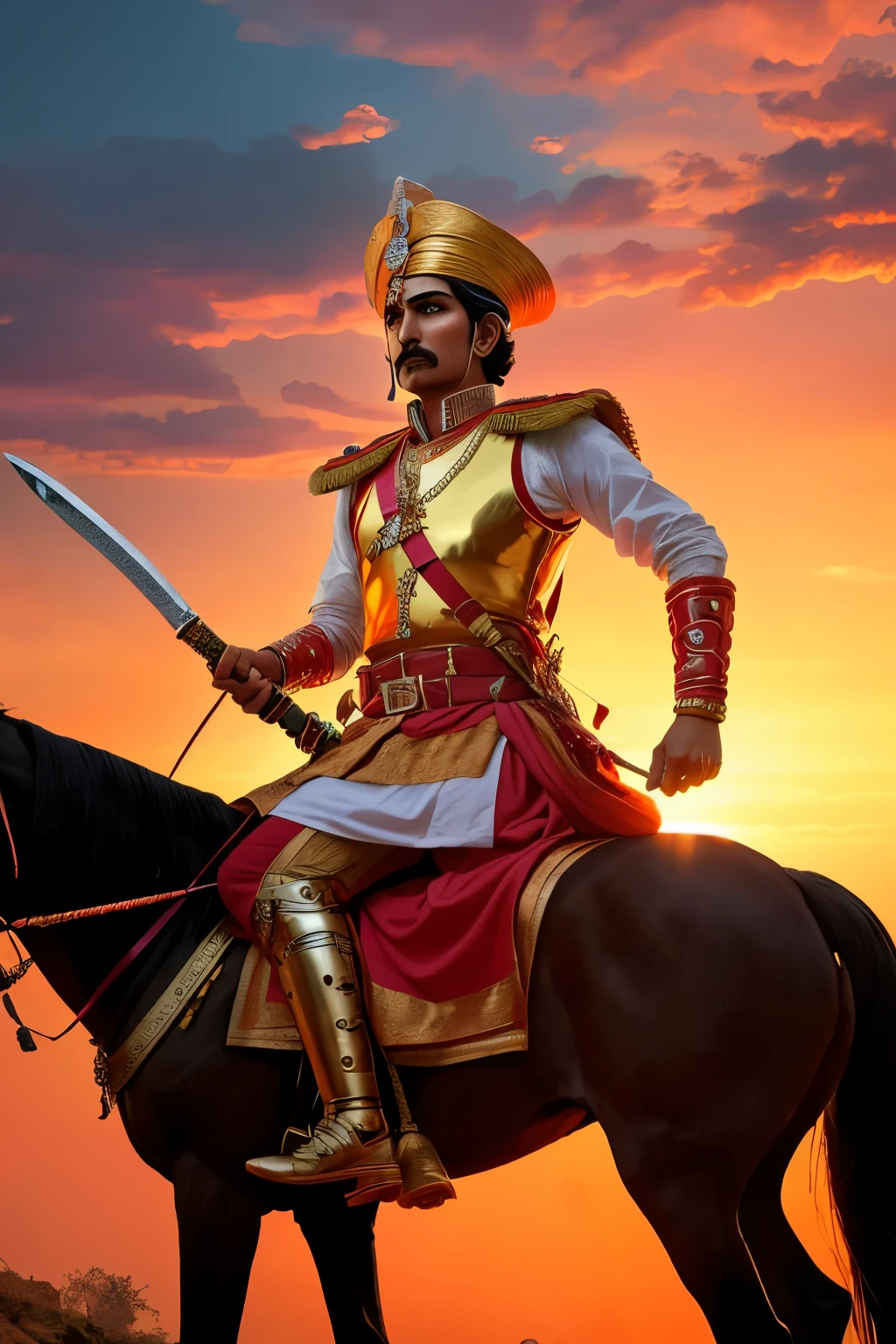 Image of Maharana Pratap, a brave Rajput King, depicted in the heat of battle, wielding his iconic double-edged sword, Talwar, during the Battle of Haldighati. The scene is set against a dramatic, fiery sky, tinted with red hues that symbolize the intensity and fervor of the battle. The image, captured from a slightly elevated vantage point on the right, offers a panoramic view of the battlefield. With a strong, determined look in his eyes, Maharana Pratap, dressed in traditional Rajput attire, stands as a beacon of courage and valiance amidst the chaos of the battle. The image,