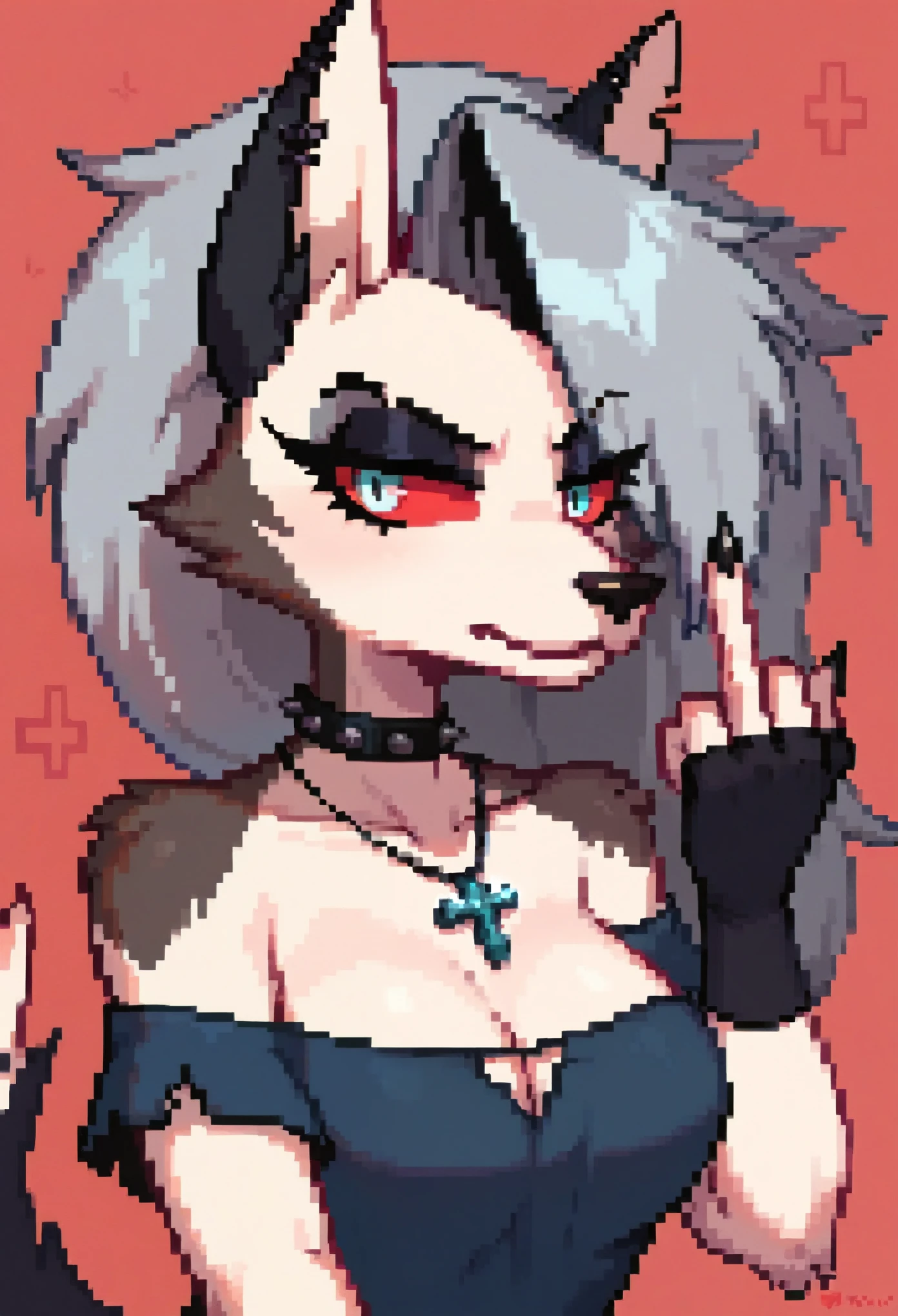 score_9, score_8_up, score_7_up, score_6_up, BREAK source anime, content, by vivzmind, mammal, canid, canid demon, demon, anthro, female, solo, eyewear, jewelry, necklace, helluva boss, gesture,middle finger, hellhound, loona, choker, goth, cross, official art, inverted cross, instagram, upper body pixel,pixel art, 8 bits,