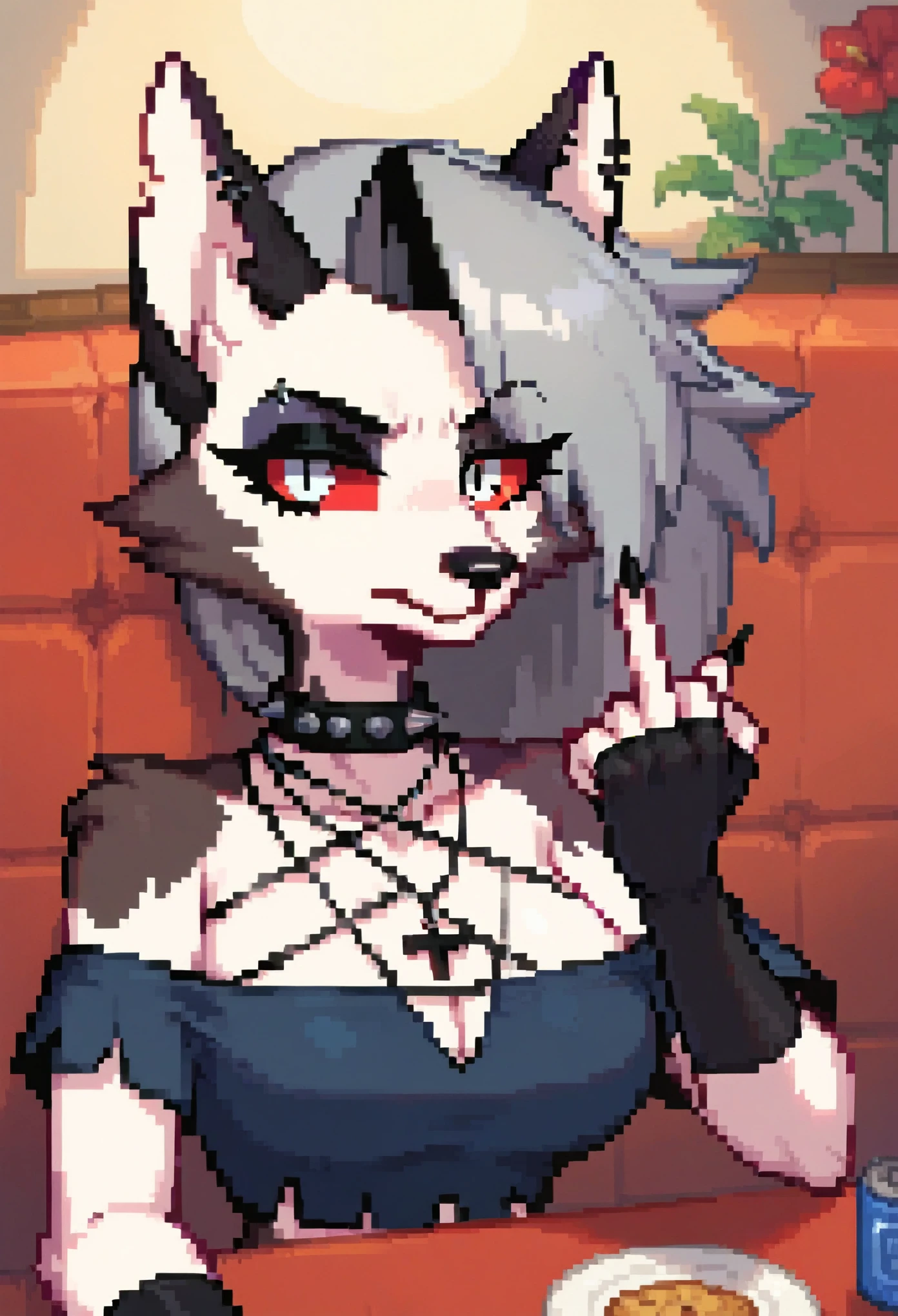 score_9, score_8_up, score_7_up, score_6_up, BREAK source anime, content, by vivzmind, mammal, canid, canid demon, demon, anthro, female, solo, eyewear, jewelry, necklace, helluva boss, gesture,middle finger, hellhound, loona, choker, goth, cross, official art, inverted cross, instagram, upper body pixel,pixel art, 8 bits, 