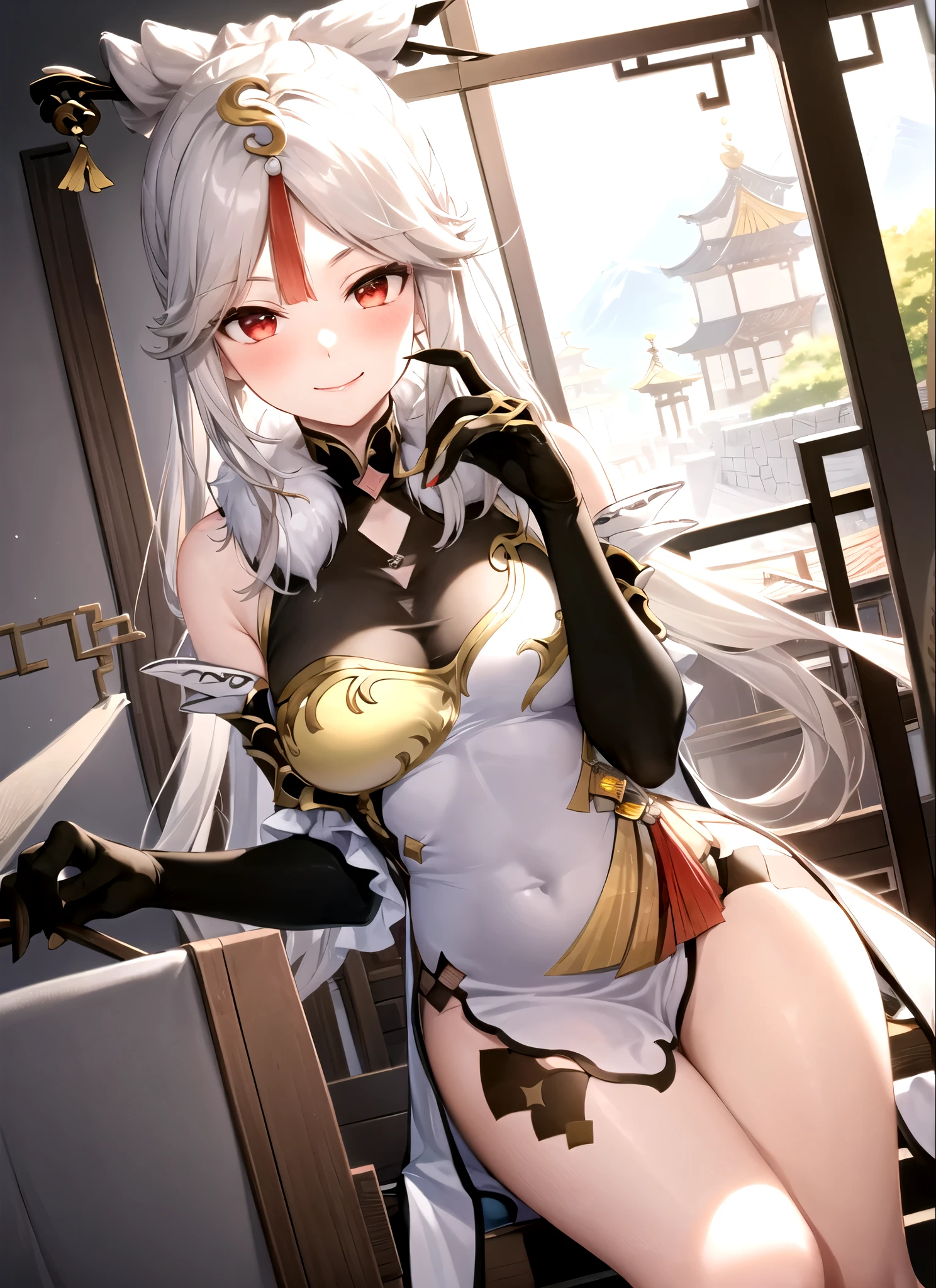 UHD,textured skin, high details, anatomically correct,SOLO,(1 Female,big oppai,red eyes,white long hair with a golden hairpin),(Wearing A see-though cheongsam)(White Swimunit style:1.4),(Wearing black Stockings and black long gloves:1.7),(Spreading legs:1.7),(Lying on the bed in The chinese classic room),(hands behind her head:1.7),(sweating skin:1.7),(full blush:1.4)