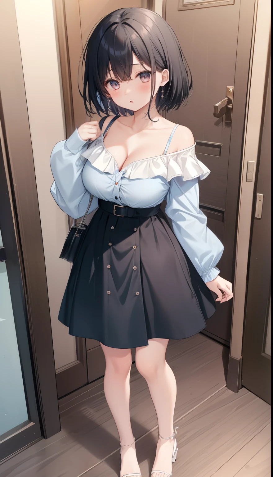 One Girl、Arima Kana、positive、Standing posture、Full body portrait、Black Hair、Medium Haircut、blush、Absolute area、No panties、No bra、barefoot、Light blue dress、Off-the-shoulder dress、（Very large breasts）、Cleavage、((Lesbians around the world))、masterpiece、（highest quality）、barefoot、White high heels 、Shirt buttons fly off、Unbutton your shirt、Exposing the breasts、