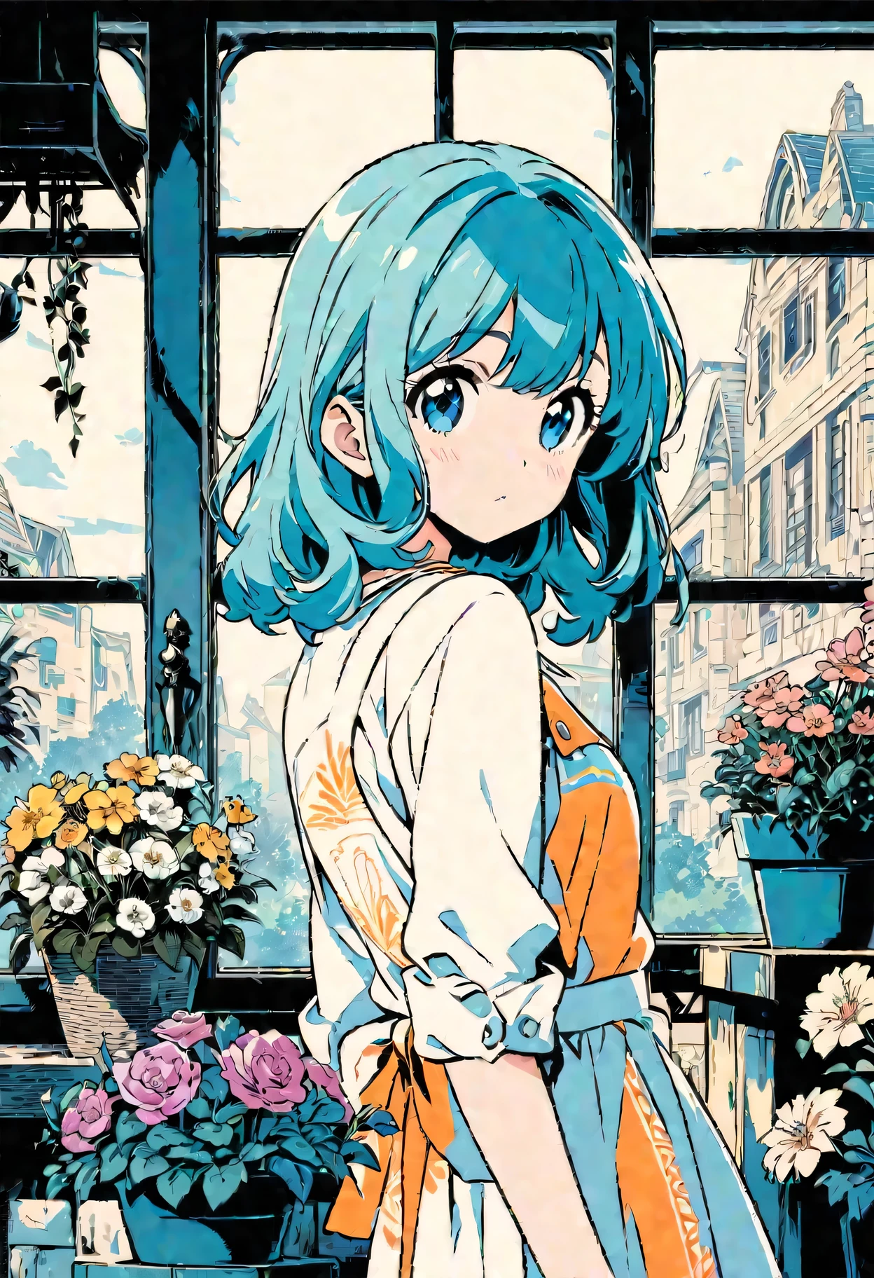Best Quality,Official art,the Extremely Detailed CG Unity 8K Wallpapers,Slight retro color,riso print style,Illustration,Cute,1 girl,Flowers,Window,flower pots,
