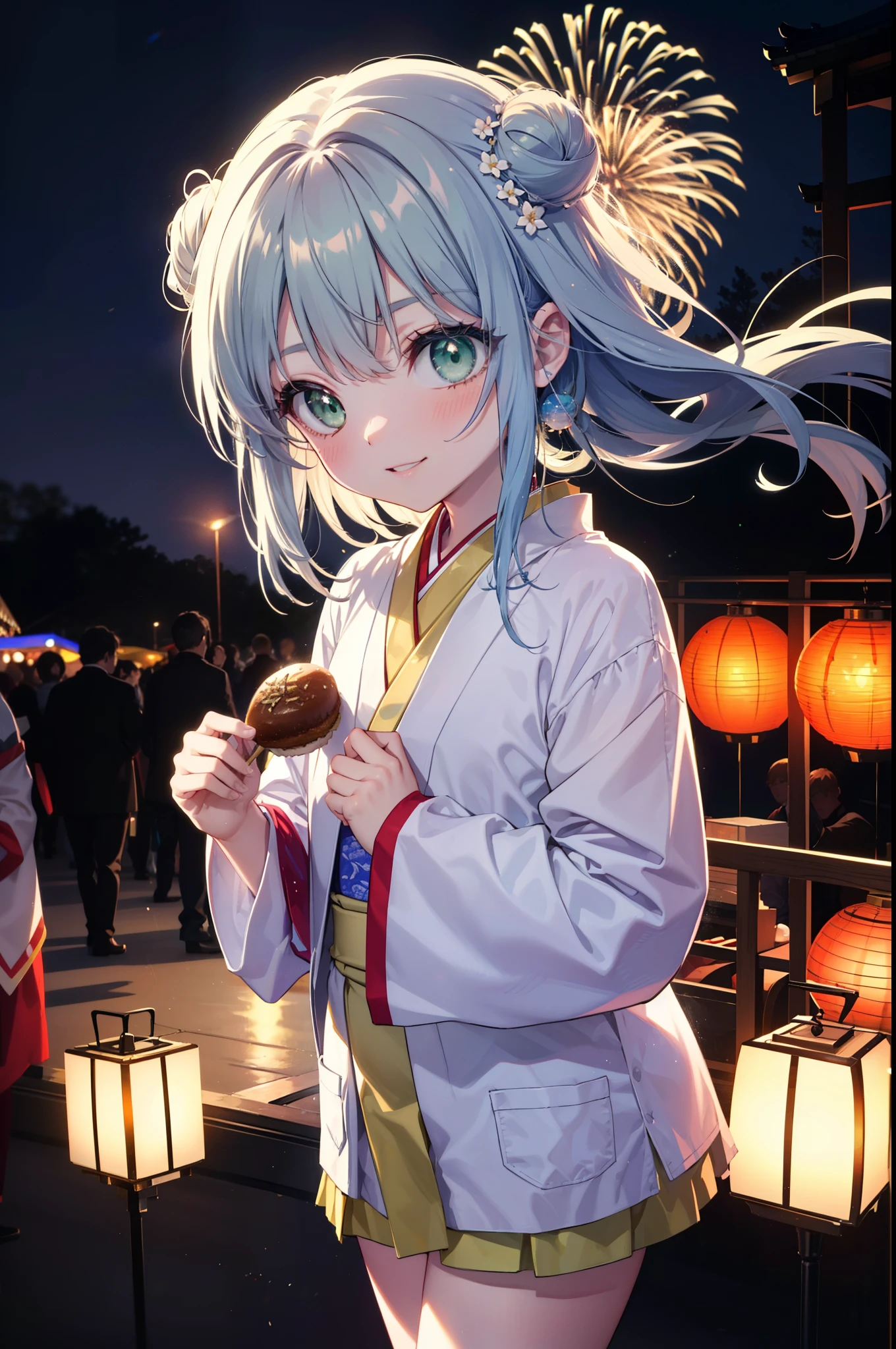index, index, (Green Eyes:1.5), Blue Hair, Long Hair, (Flat Chest:1.2),smile,blush,Happy atmosphere,Open your mouth,Long Hair,Hair Bun, double Hair Bun,White bathrobe,Long sleeve,mini skirt,Sandals,night空の花火,Fireworks display,Japanese Festivals,Summer festival food stalls,Red Lantern, night,whole bodyがイラストに入るように,Looking down from above,He is holding cotton candy in his right hand,
break outdoors, shrine, break looking at viewer,whole body,(Cowboy Shot:1. 5)
break (masterpiece:1.2), highest quality, High resolution, unity 8k wallpaper, (shape:0.8), (Beautiful and beautiful eyes:1.6), Highly detailed face, Perfect lighting, Extremely detailed CG, (Perfect hands, Perfect Anatomy),