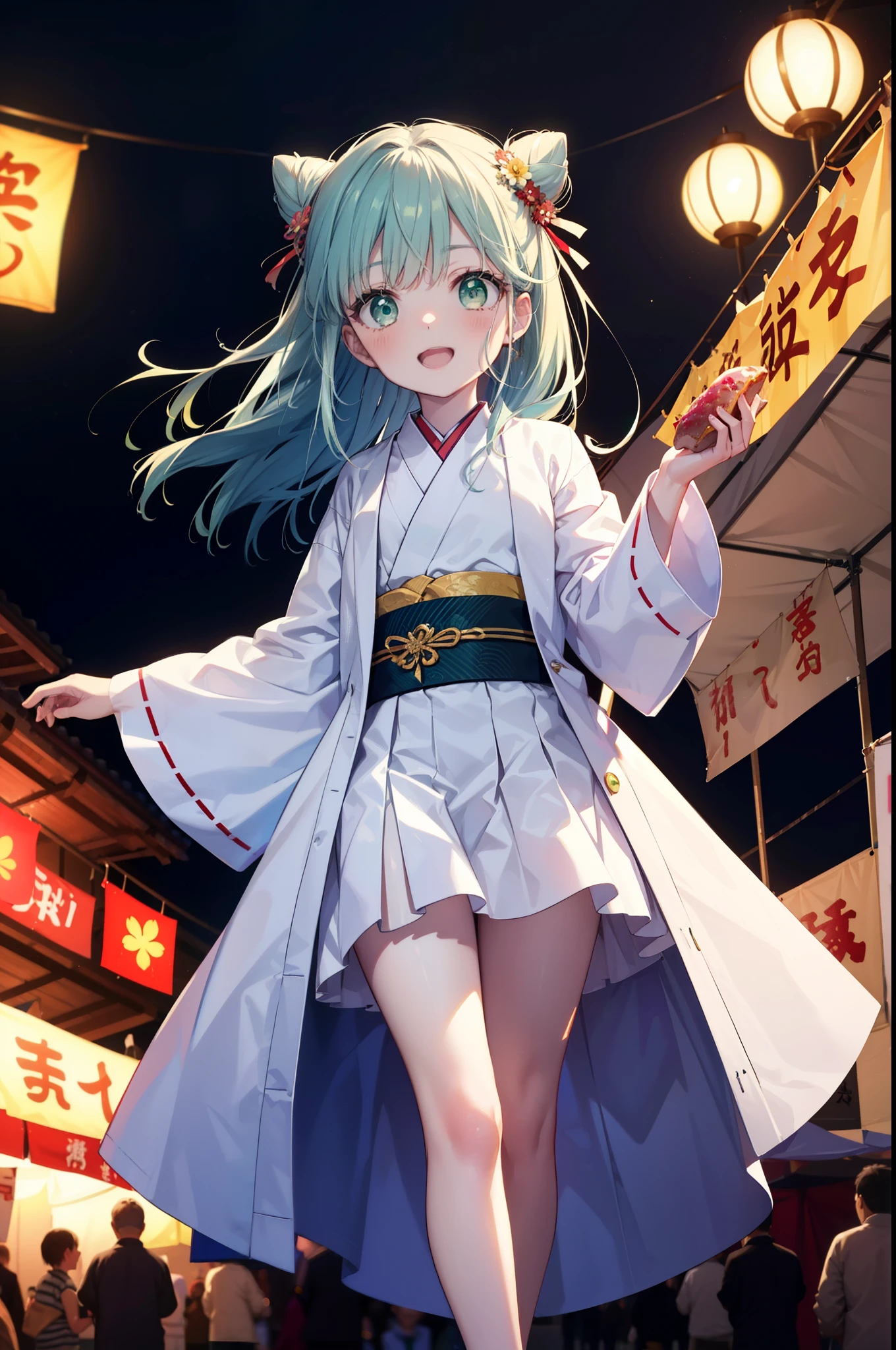 index, index, (Green Eyes:1.5), Blue Hair, Long Hair, (Flat Chest:1.2),smile,blush,Happy atmosphere,Open your mouth,Long Hair,Hair Bun, double  Hair Bun,White bathrobe,Long sleeve,mini skirt,Sandals,night空の花火,Fireworks display,Japanese Festivals,Summer festival food stalls,Red Lantern, night,whole bodyがイラストに入るように,Looking down from above,He is holding cotton candy in his right hand,
break outdoors, shrine,                                              break looking at viewer,whole body,(Cowboy Shot:1. 5)
break (masterpiece:1.2), highest quality, High resolution, unity 8k wallpaper, (shape:0.8), (Beautiful and beautiful eyes:1.6), Highly detailed face, Perfect lighting, Extremely detailed CG, (Perfect hands, Perfect Anatomy),