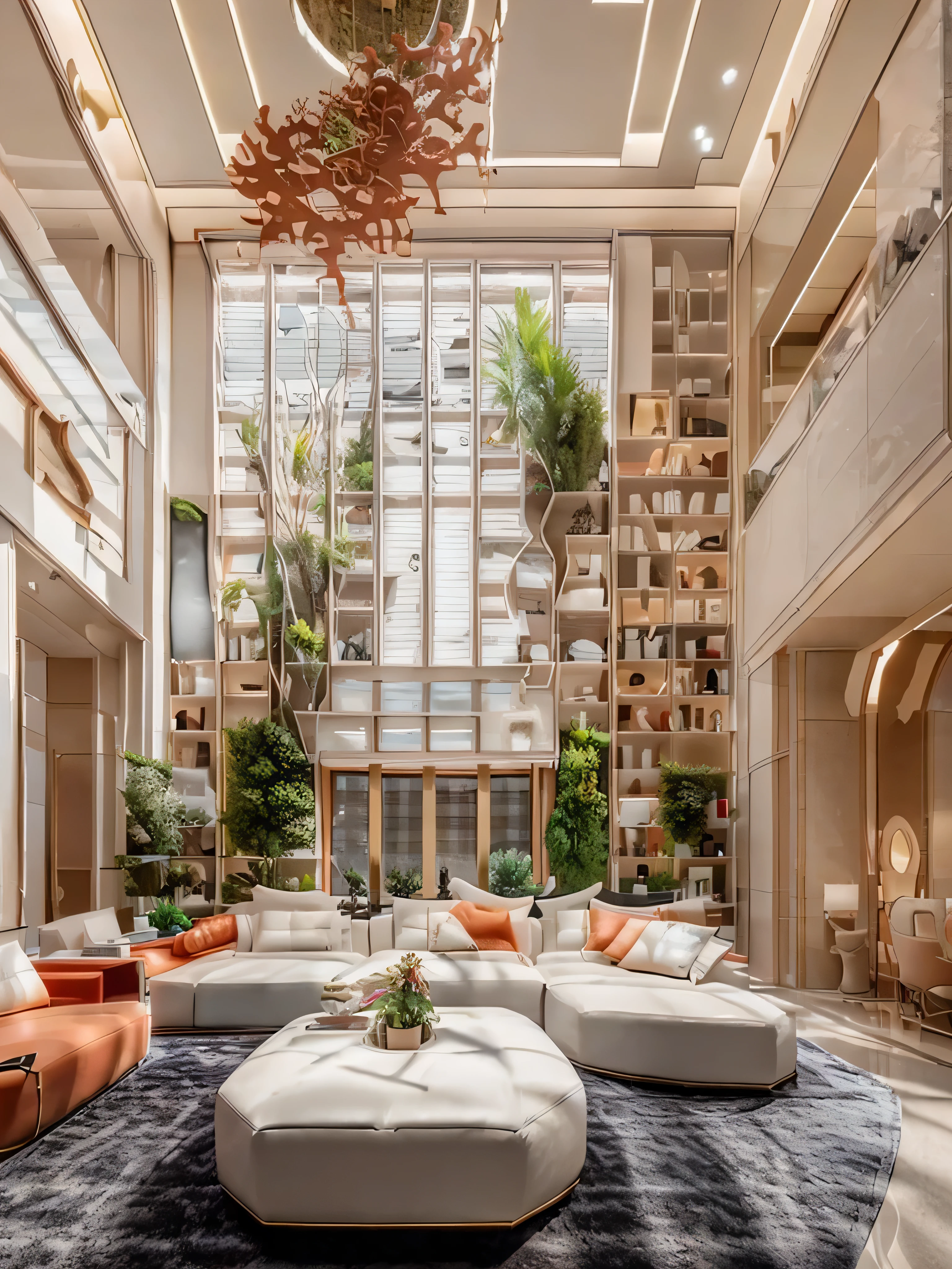 Modern living room with coral and white color scheme. Features a large window with a scenic outdoor view, allowing natural light to flood the room. The space includes white sofas with coral cushions, a coral armchair, and a round coffee table with a gold frame. A decorative coral rug with white patterns lies on the floor. The room is adorned with a large, elegant chandelier and potted plants on a side table. Coral curtains frame the window, complementing the overall color palette. The ceiling is coral with white accents, enhancing the cohesiveness of the design.