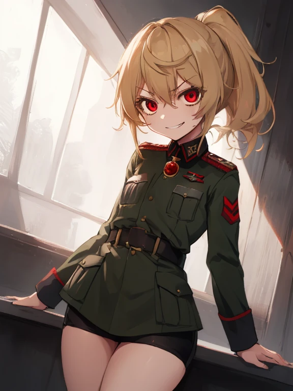 (masterpiece, best quality: 1.1), 1girl solo, tanya, 1girl, solo, , flat chest, small breasts, curvy, military, military uniform, ,, evil smile, wicked expression, anger, red eyes, neutral lighting