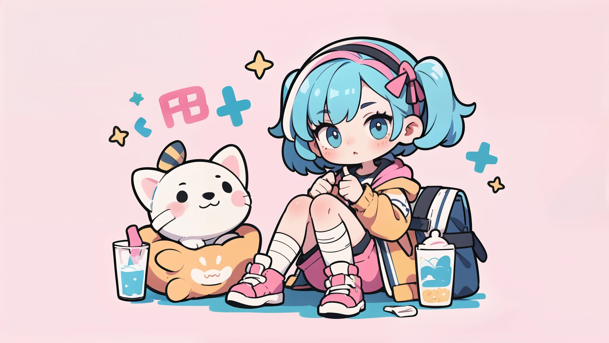 masterpiece, best quality, 8K, light, Ultra-high resolution, Red Cliff, 1 Girl, Bag, 背Bag, Solitary, Colorful hair, shorts, Star \, (symbol\), Blue Hair, hood, sit, Pink Hair, Star Hair accessories, headrest, sock, pink footwear, black shorts, Hair accessories, whole body, boots, bandage, slope, Double tail, Jacket,