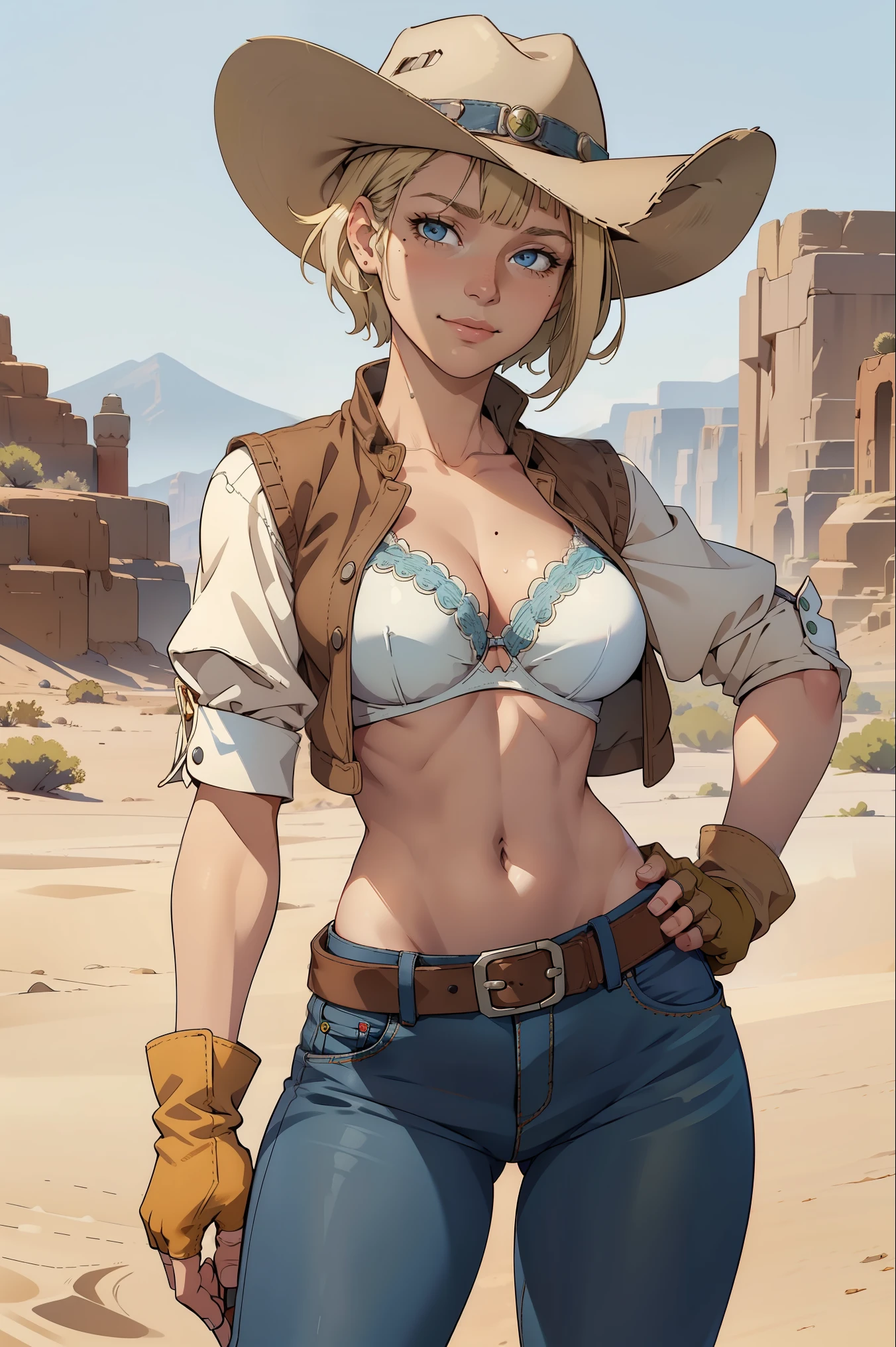 1girl, cowboy hat, white bra, green vest, no sleeves, navel, blue jeans, brown boots, fingerless gloves, short gloves, slight smile, short hair, blonde hair, parted bangs, blue eyes, mole under right eye, American Old West, sunny desert background, belt, best quality, masterpiece