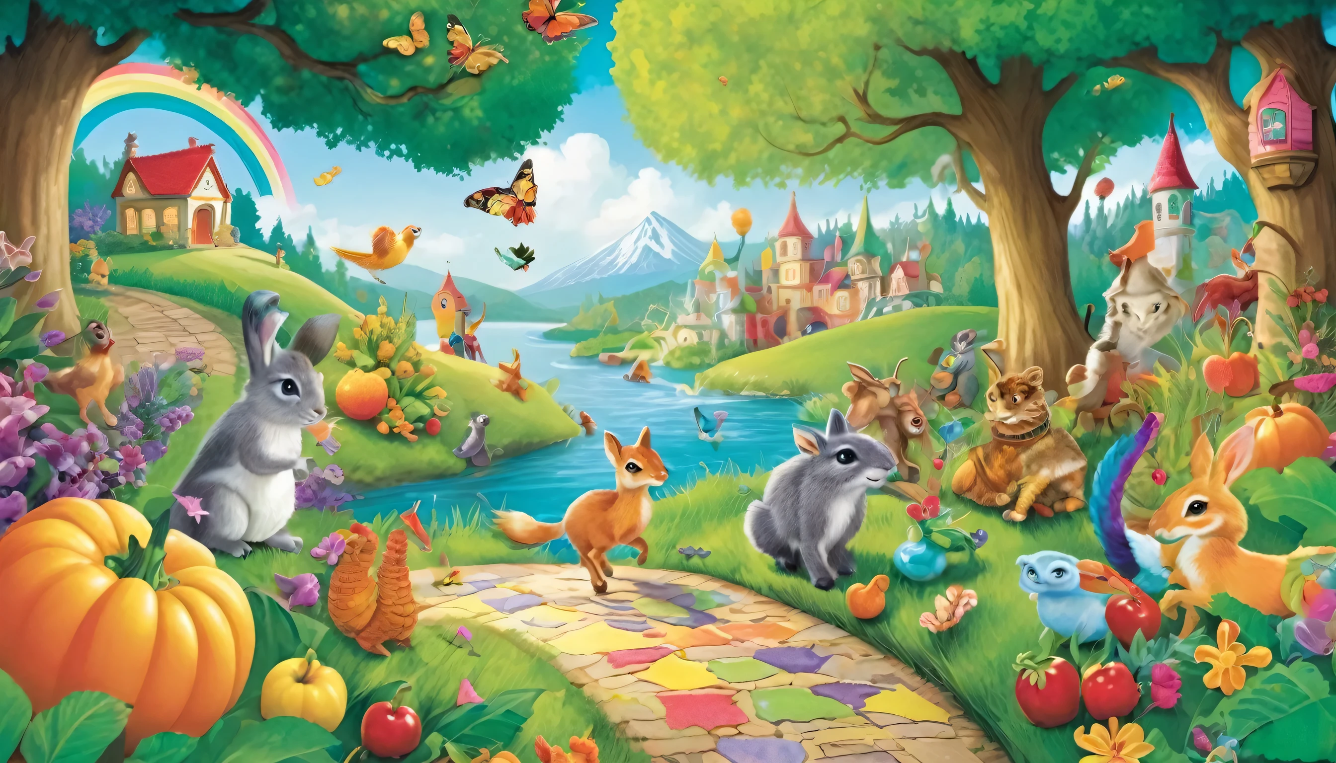 "Create a colorful and enchanting background scene featuring vibrant Produce a lively and imaginative backdrop filled with vibrant characters and whimsical elements. Picture children embarking on a magical adventure through a captivating world of words, where they encounter playful creatures, fantastical scenery, and delightful surprises. Incorporate friendly animals, sparkling letters, rainbow-colored paths, enchanted forests, and other fanciful details to spark joy and wonder in young imaginations."