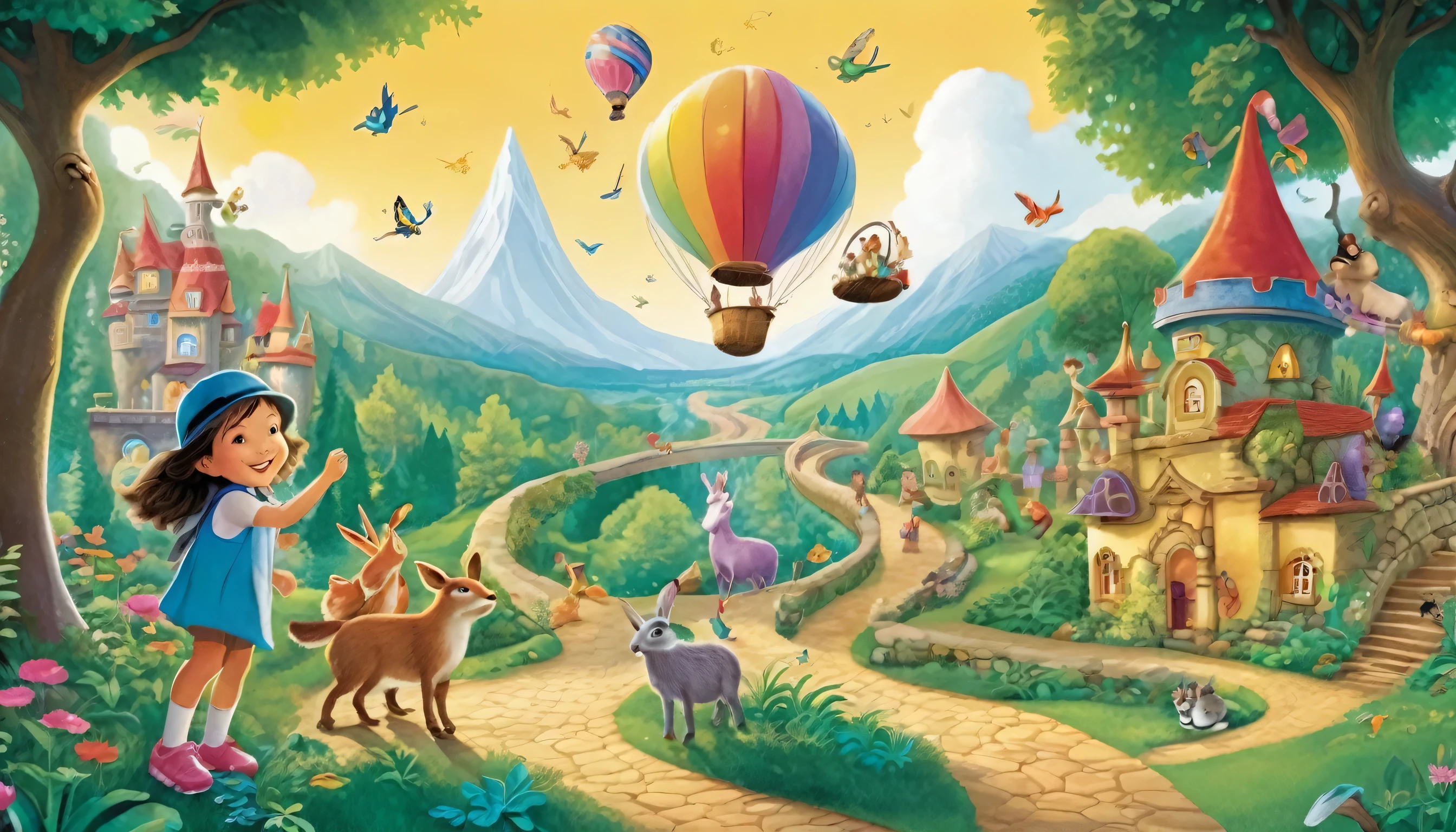 "Produce a lively and imaginative backdrop filled with vibrant characters and whimsical elements. Picture children embarking on a magical adventure through a captivating world of words, where they encounter playful creatures, fantastical scenery, and delightful surprises. Incorporate friendly animals, sparkling letters, rainbow-colored paths, enchanted forests, and other fanciful details to spark joy and wonder in young imaginations."