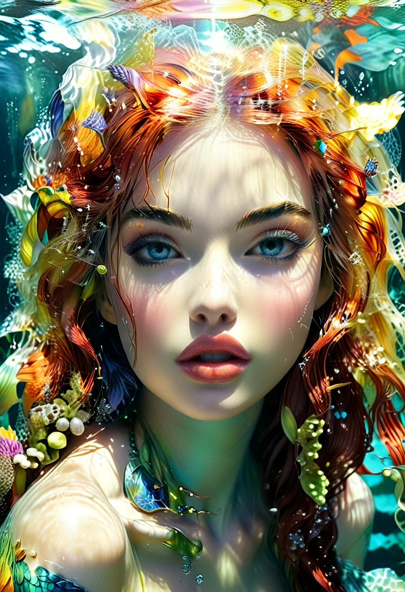 A young and breathtakingly beautiful mermaid、Full body portrait、Detailed facial features、Porcelain Skin、Long flowing detailed hair、Beautiful detailed eyes、Long eyelashes、Beautiful detailed lips、Detailed body characteristics、Detailed Mermaid Features、Ideal proportions、cute、cute、Adorable、colorful、Shiny、Shiny、Glowing Skin、Perfect Skin、Captivating eyes、Luscious Lips、Big Breasts、scale、光り輝くscale、Provocative pose、erotic、dynamic、Whimsical、Whimsical、Playful、fun、Hilarious、happy、Vibrant、bright、Magic、Underwater Scene、Sunlight shining through water、虹色のscale、Graceful Movement、Calm expression、Very detailed、Photorealistic、8k 、Cinematic lighting、Bright colors、Fantasy art