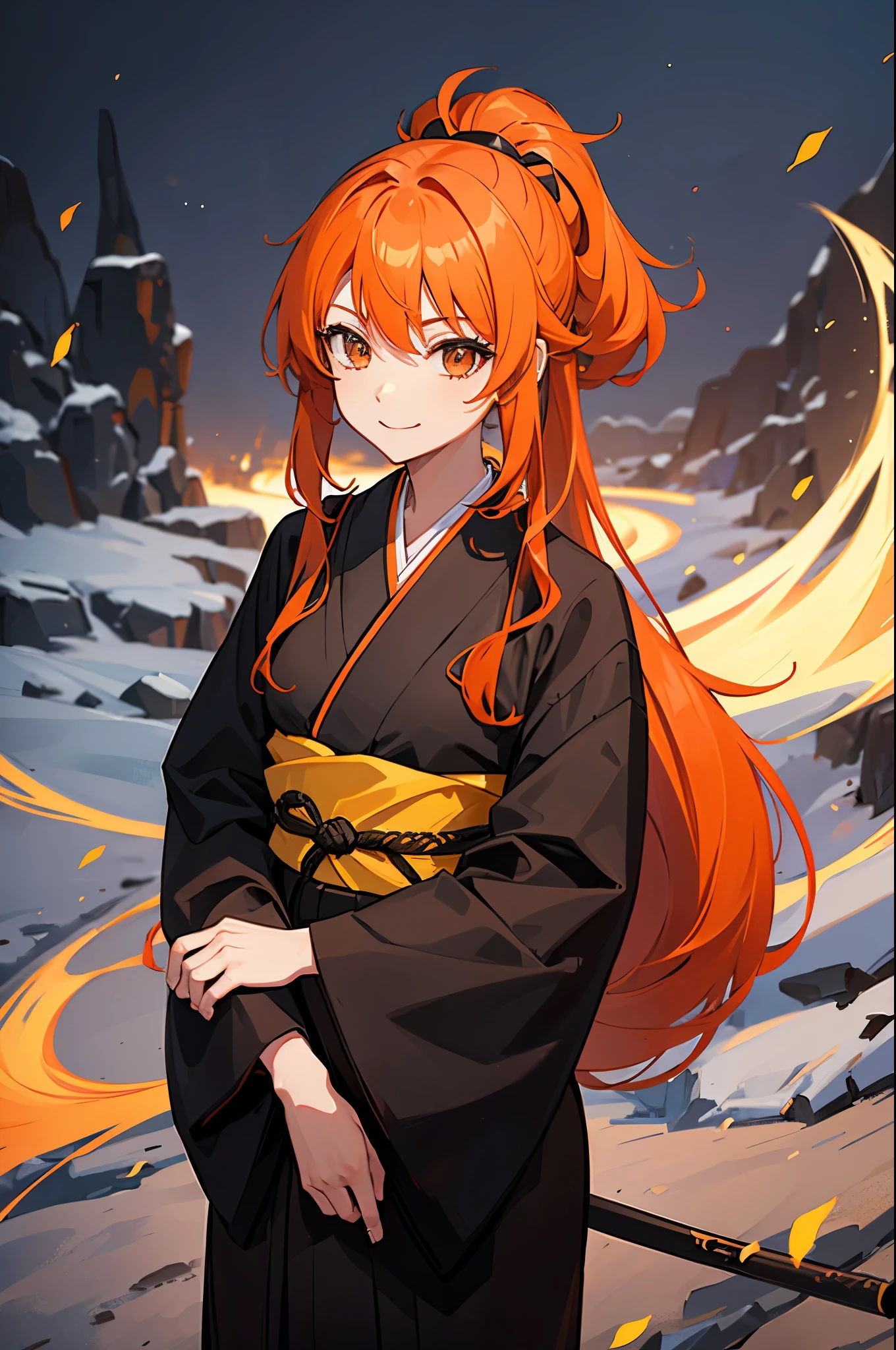 girl, orange hair, long hair, ponytail, black shihakusho, black kimono, black hakama, smile