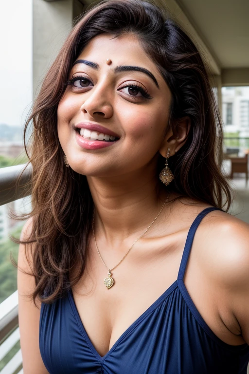 day scene, extreme close up photo of Pranitha Subhash , big cheeks, swooping breasts, kneeling in a balcony, armpits, (blue eyes:1), necklace, 35 yo, look at viewer and smile, (cinematic:1.3), intricate details, (ArtStation:1.2)