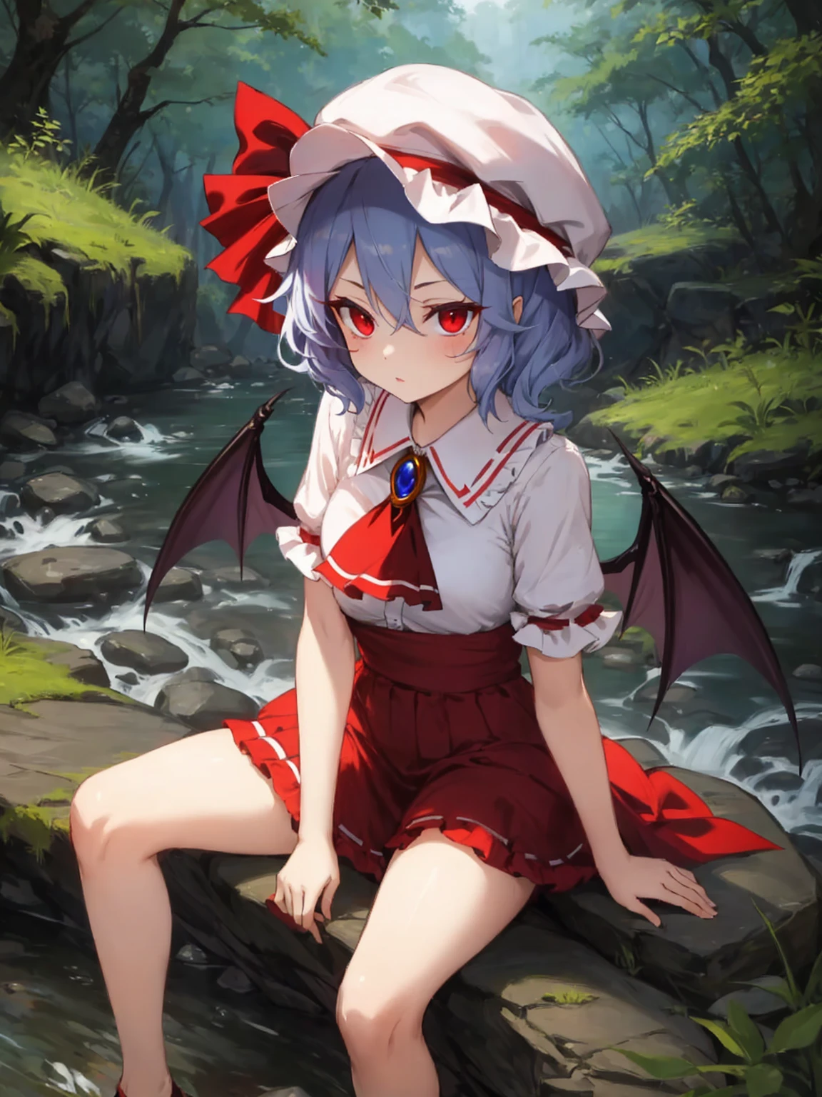 remilia scarlet, mob cap, bat wings, ascot, red eyes, superb, sitting on a rock beside a stream, nature, outdoors, masterpiece, best quality