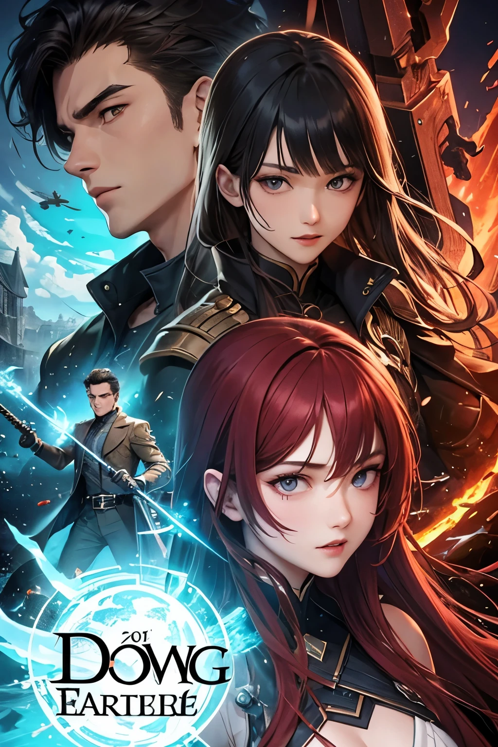 Novel cover、Doomsday on Earth in 2030、The handsome 20-year-old boy is the protagonist、The 18-year-old fairy in red is a supporting role、Battle scenes、Chinese Face、No title on the screen