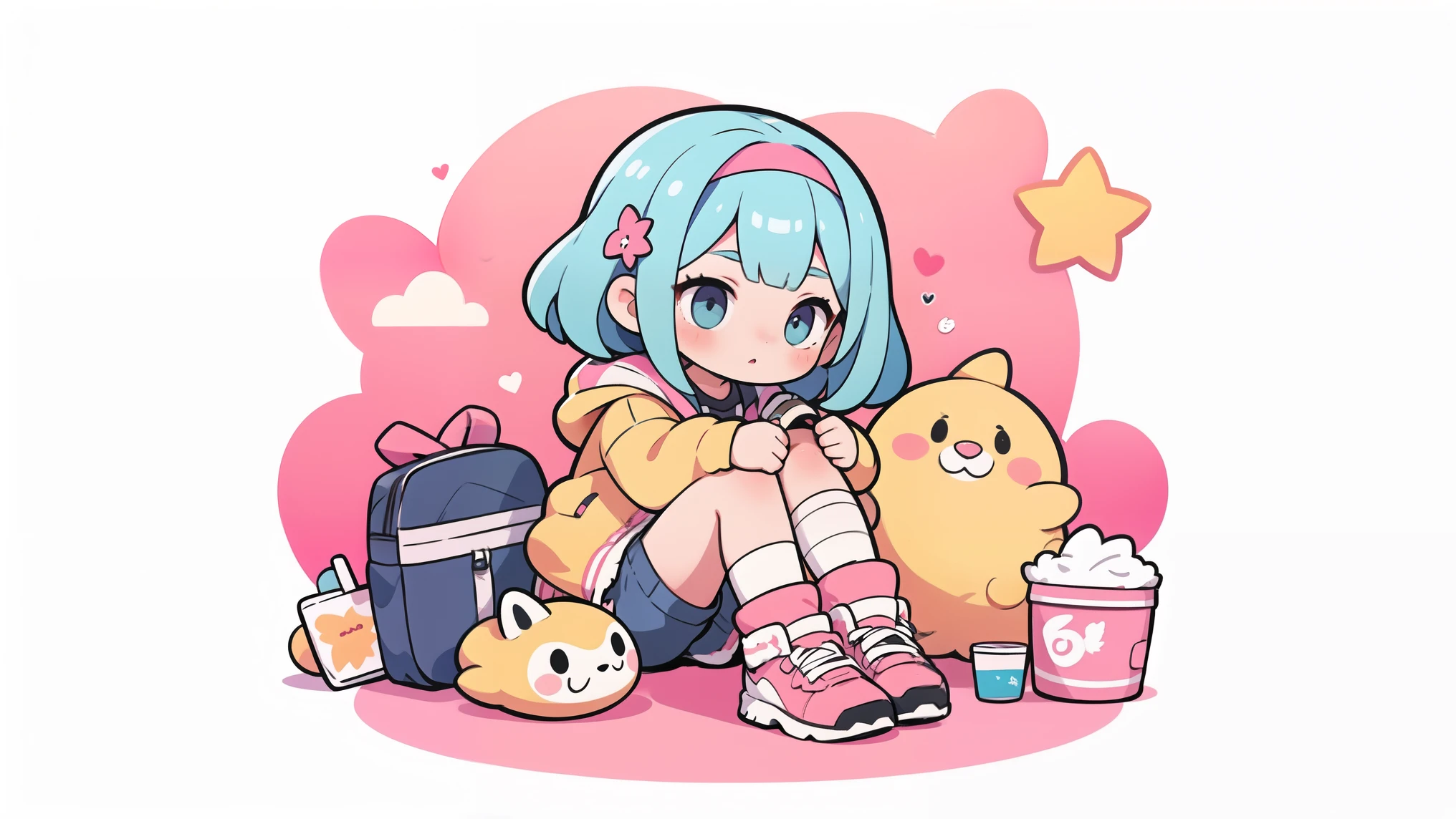 masterpiece, best quality, 8K, light, Ultra-high resolution, Red Cliff, 1 Girl, Bag, 背Bag, Solitary, Colorful hair, shorts, Star \, (symbol\), Blue Hair, hood, sit, Pink Hair, Star Hair accessories, headrest, sock, pink footwear, black shorts, Hair accessories, whole body, boots, bandage, slope, Double tail, Jacket, 