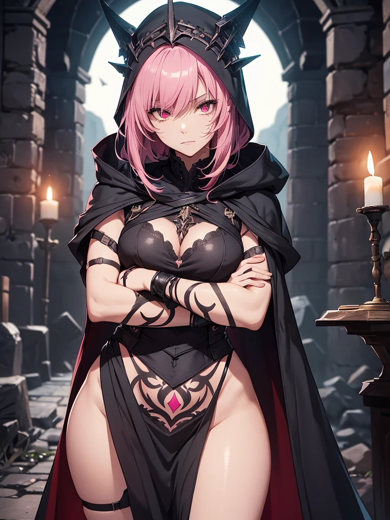 (High-resolution, high-quality), illustration of a character in a dark, medieval fantasy setting. The character is Berna and is depicted in a night assassin state. She has short pink hair and red eyes. She is about 150 cm tall and looks . She wears an indigo cloak with intricate designs and covers her head with an indigo hood. Her costume is revealing, consisting of armor-like pieces that cover her arms and legs and minimal clothing that accentuates her figure. Dirty white bandages are wrapped around both arms. In one hand, he holds a dull red dagger. The background is a dimly lit dungeon or underground lair, with stone walls and barrels lit by torches. The mysterious, dark atmosphere highlights the stealth and danger of the character. ((Except for his face, he has a tattoo that looks like a pink line.)) nsfw