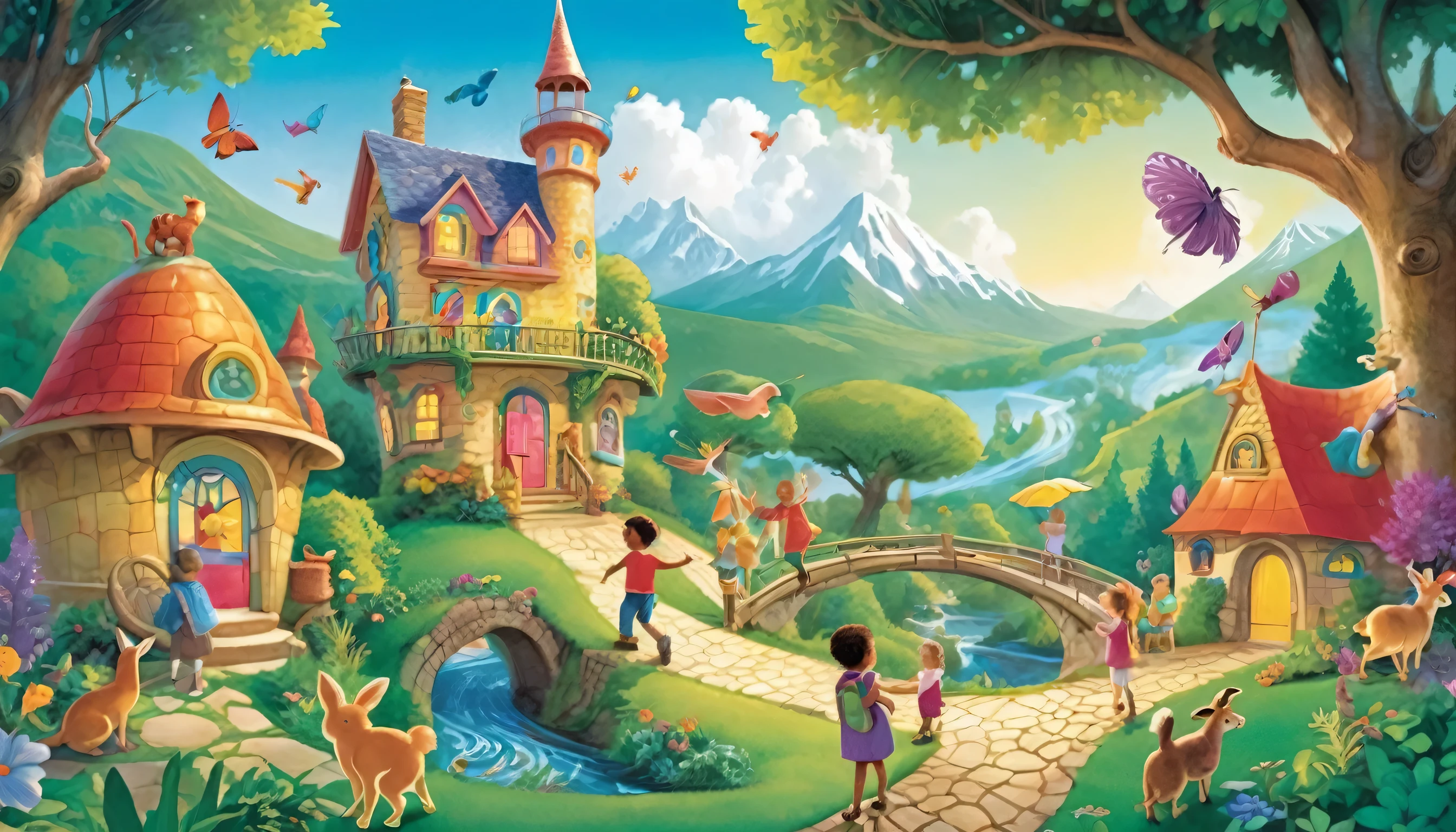 "Produce a lively and imaginative backdrop filled with vibrant characters and whimsical elements. Picture children embarking on a magical adventure through a captivating world of words, where they encounter playful creatures, fantastical scenery, and delightful surprises. Incorporate friendly animals, sparkling letters, rainbow-colored paths, enchanted forests, and other fanciful details to spark joy and wonder in young imaginations."