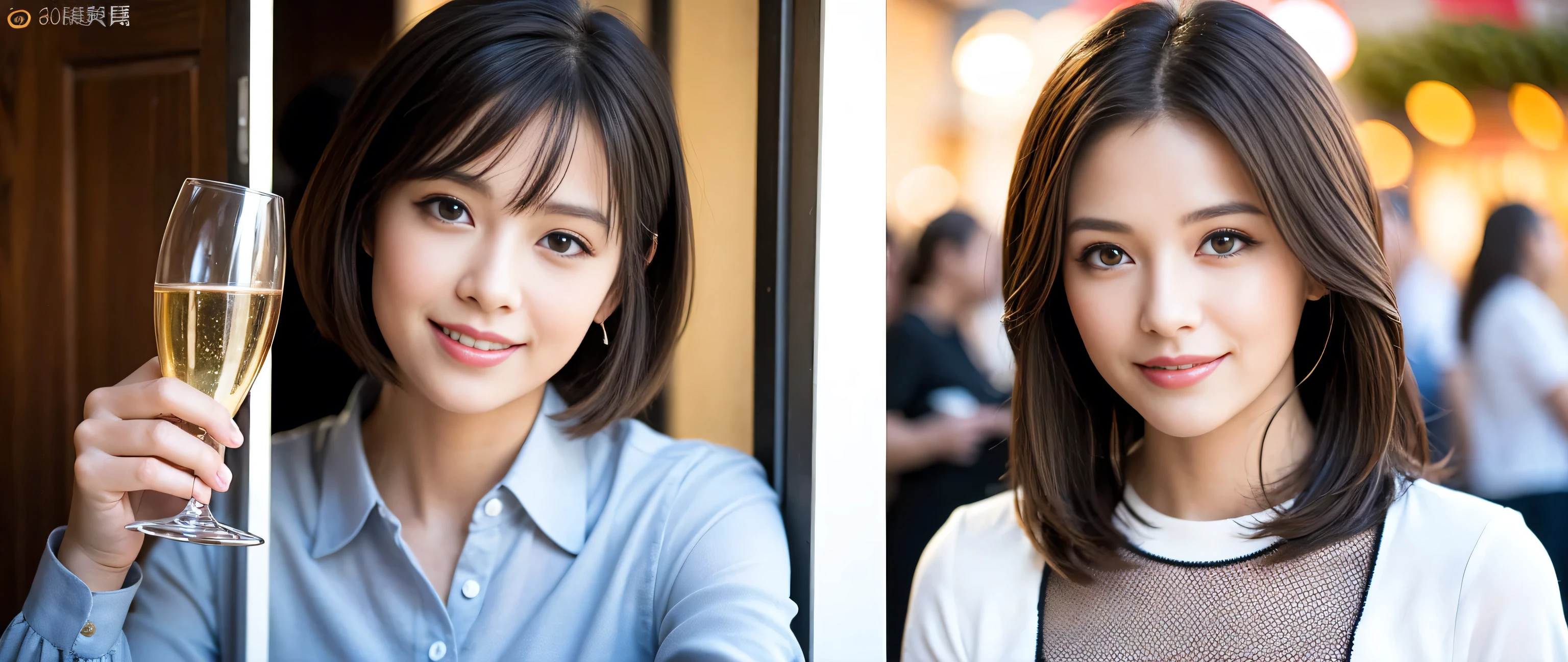 ((highest quality、8k、masterpiece:1.3))、1 male、1 female、Couple、Spouse、Couple、The body is slim、((Bob Hale、Straight hair:1.2)), (Realistic, Intricate details:1.2), Wine glass on the table、Put the light on your face、 Amazing view of the sunset sky and clouds、Amazing mountain views、A bright smile、The wonderfulness of smile、Bright image、The beauty of wine, Beautiful Face, blue eyes, The light shines on your face, Blushing, short hair,Bright Face、 (Age 37), 39 years old, red wine 、Appetizers、Italian food、Wine bottle、Champagne、sparkling wine、Two beauties、Brown Hair、Shortcuts、Long sleeve shirt、dress、Pretty Woman 1, (Slim face), (The body is slim), (Brown Hair), (Shortcuts), cheeks turn a little red,Attractive beauty、restaurant, In a prominent place (From the waist up) Nova Frog Style, actress, model, Upper Body, White wine, slim, wine glass, A wine glass placed in the center, smile, (smile: 1.15), Beautiful fine grain, Depth f/2,saturation, High Contrast, Strong light and shadow,Moist Body:1.5、3D texture、Delicate eyes、Brown Hair、The hair is very shiny、