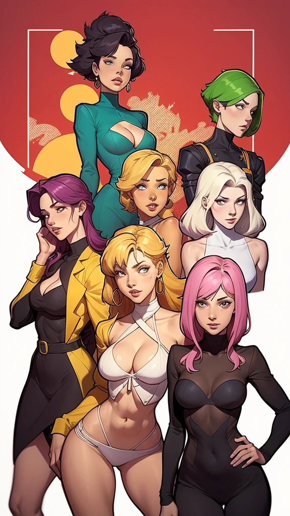 um desenho de duas mulheres em roupas verdes e amarelas, garota de anime desonesta, design de personagens de quadrinhos, fanart requintada altamente detalhada, conceito detalhado de corpo inteiro, High quality color sketch, Design de personagens de quadrinhos dos anos 90, conceito detalhado de corpo inteiro art, Design de personagens de corpo inteiro, design de personagens profissional, design de personagens de alta qualidade, arte conceitual colorida, design de personagem interessante, design de personagens altamente detalhado