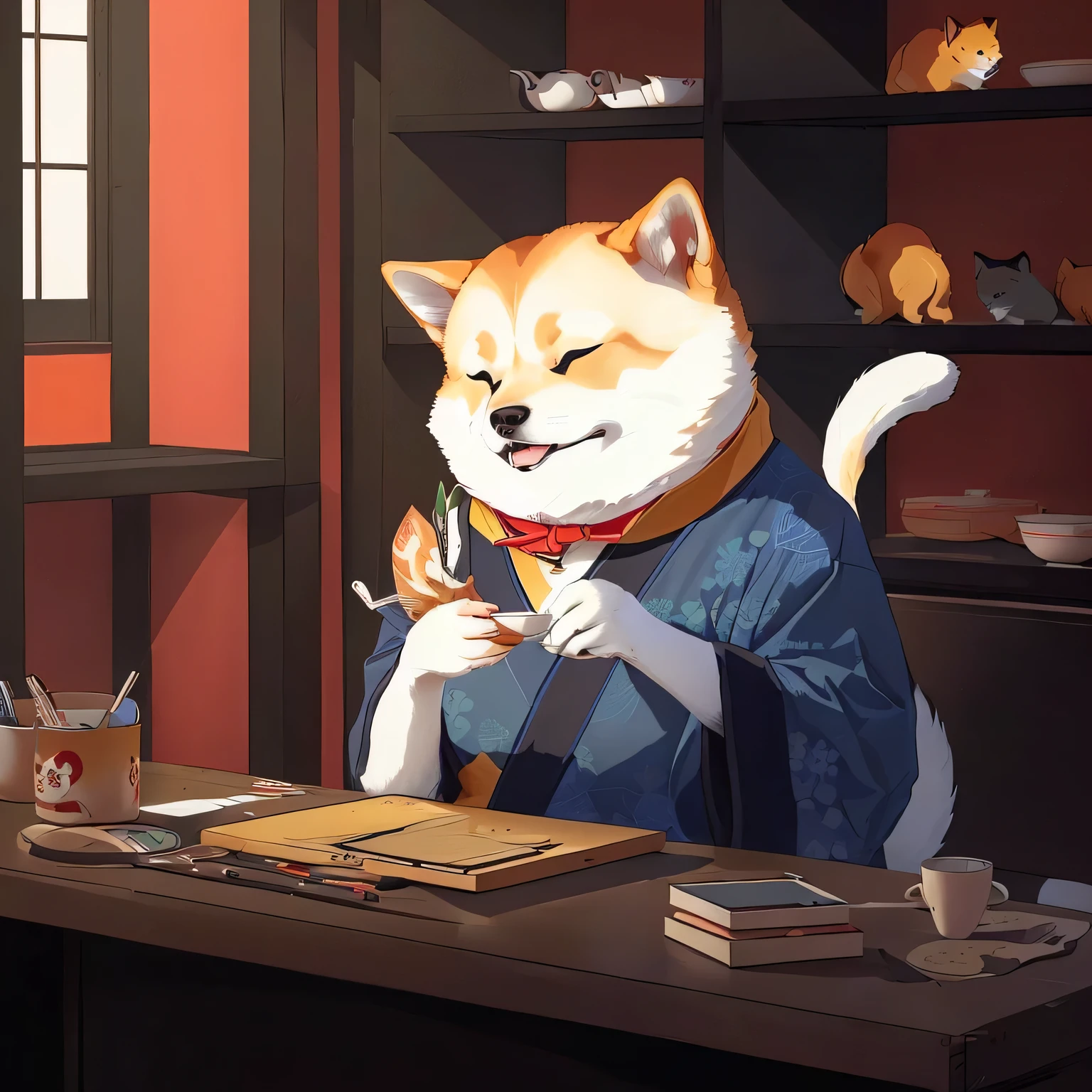 There is a Shiba Inu sitting at the table，Drawing with a pen in hand, Anime Shiba Inu, Inspired by José, Inspired by Takeuchi Seihō, The cat is drinking tea, Inspired by Hiroyuki Isoda, Cute Shiba Inu animation visual, The Artistic Style of Ukiyo-e,  Anthropomorphic Shiba Inu