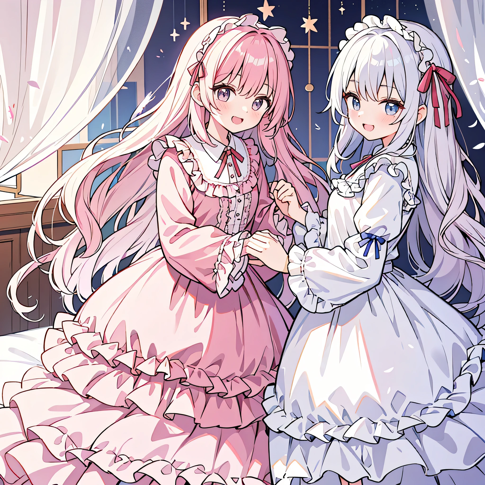 Happy girls fighting with pillows at pajama party。Many small feathers fluttering、ta style fashion with long sleeves and a long skirt nightgown with frills and ribbons。On a huge, wide canopy bed、Lots of frilly pillows and a frilly bed skirt、There are frilly curtains surrounding the bed.。detailed face。