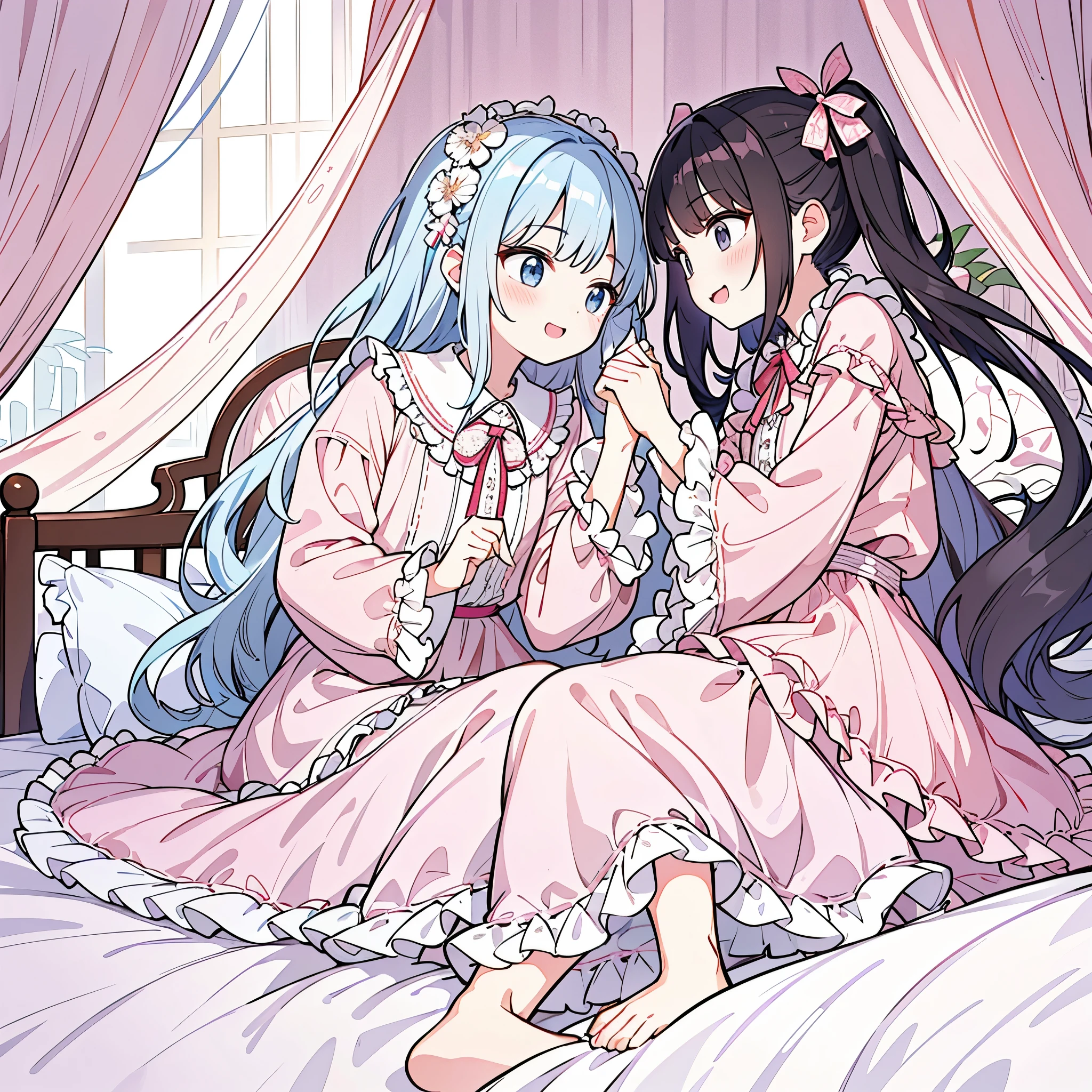 Happy girls fighting with pillows at pajama party。Many small feathers fluttering、Lolita style fashion with long sleeves and a long skirt nightgown with frills and ribbons。On a huge, wide canopy bed、Lots of frilly pillows and a frilly bed skirt、There are frilly curtains surrounding the bed.。detailed face。