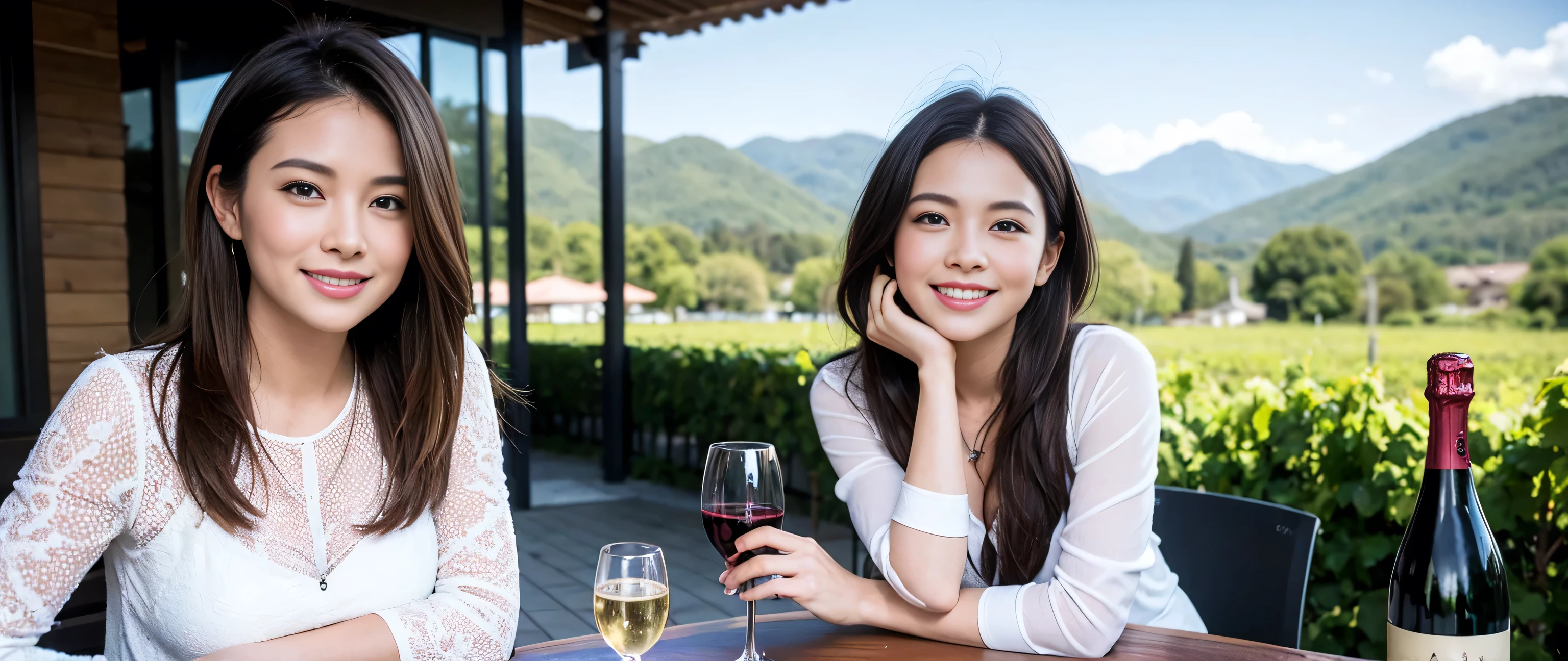 ((highest quality、8k、masterpiece:1.3))、1 male、1 female、liquor,pretty girl,Wine Party、Spouse、Couple、The body is slim、((Bob Hale、Straight hair:1.2)), (Realistic, Intricate details:1.2), Wine glass on the table、Put the light on your face、 Amazing view of the sunset sky and clouds、Amazing mountain views、A bright smile、The wonderfulness of smile、Bright image、The beauty of wine, Beautiful Face, blue eyes, The light shines on your face, Blushing, short hair,Bright Face、 (Age 37), 32 years old, red wine 、Appetizers、Italian food、Wine bottle、Champagne、sparkling wine、Two beauties、Brown Hair、Shortcuts、Long sleeve shirt、dress、Pretty Woman 1, (Slim face), (The body is slim), (Brown Hair), (Shortcuts), cheeks turn a little red,Attractive beauty、restaurant, In a prominent place (From the waist up) Nova Frog Style, actress, model, Upper Body, White wine, slim, wine glass, A wine glass placed in the center, smile, (smile: 1.15), Beautiful fine grain, Depth f/2,saturation, High Contrast, Strong light and shadow,Moist Body:1.5、3D texture、Delicate eyes、Brown Hair、The hair is very shiny、