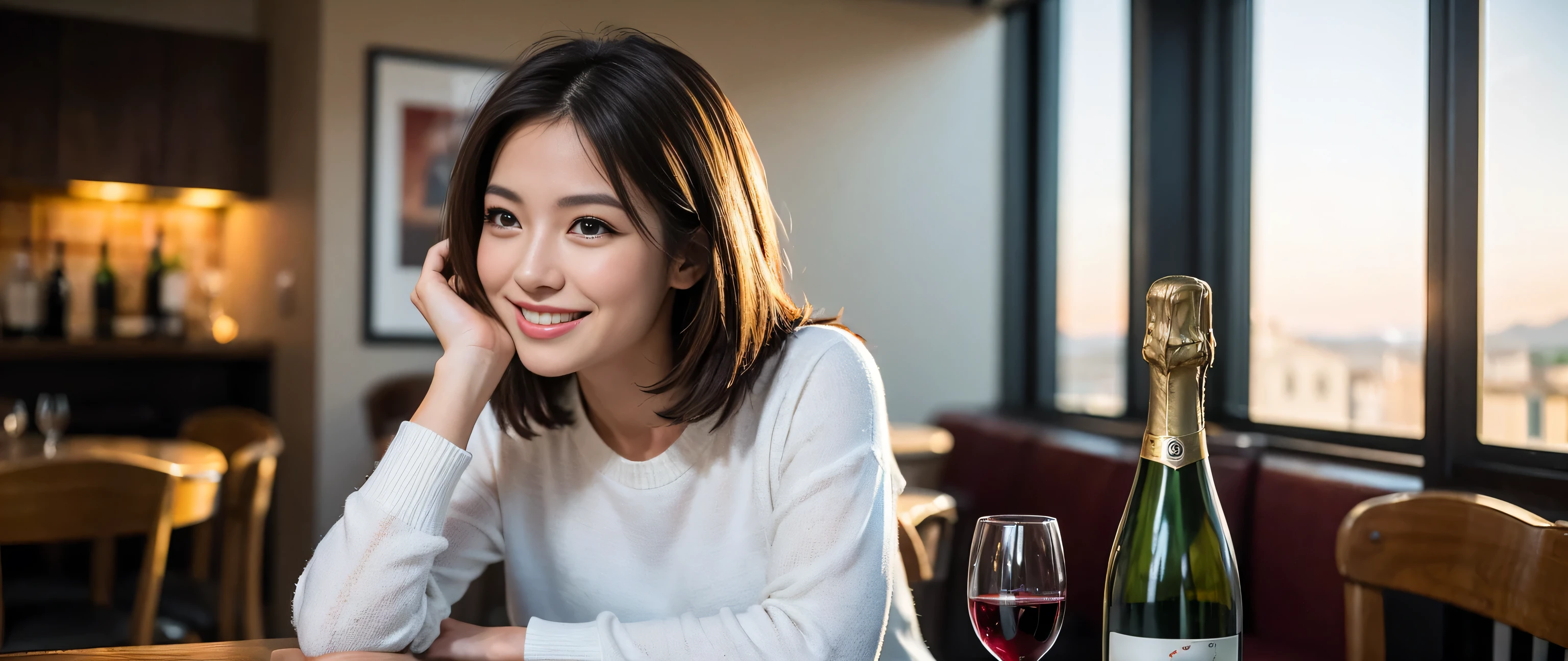((highest quality、8k、masterpiece:1.3))、1 male、1 female、liquor,pretty girl,Wine Party、Spouse、Couple、The body is slim、((Bob Hale、Straight hair:1.2)), (Realistic, Intricate details:1.2), Wine glass on the table、Put the light on your face、 Amazing view of the sunset sky and clouds、Amazing mountain views、A bright smile、The wonderfulness of smile、Bright image、The beauty of wine, Beautiful Face, blue eyes, The light shines on your face, Blushing, short hair,Bright Face、 (Age 37), 32 years old, red wine 、Appetizers、Italian food、Wine bottle、Champagne、sparkling wine、Two beauties、Brown Hair、Shortcuts、Long sleeve shirt、dress、Pretty Woman 1, (Slim face), (The body is slim), (Brown Hair), (Shortcuts), cheeks turn a little red,Attractive beauty、restaurant, In a prominent place (From the waist up) Nova Frog Style, actress, model, Upper Body, White wine, slim, wine glass, A wine glass placed in the center, smile, (smile: 1.15), Beautiful fine grain, Depth f/2,saturation, High Contrast, Strong light and shadow,Moist Body:1.5、3D texture、Delicate eyes、Brown Hair、The hair is very shiny、