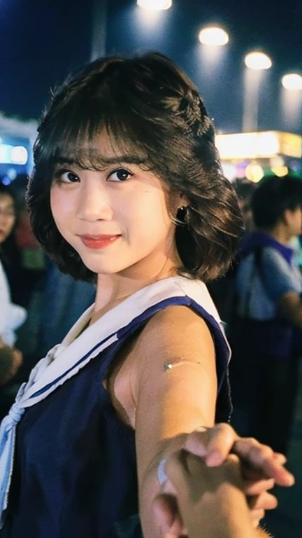 Masterpiece, best quality, ultra high res, art photography, aesthetic wallpaper, professional color grading, cinematic movies by wong kar wai, depth of fields, 50mm, film grain, (photorealistic:1.4), 1girl, Japanese idol girl, the girl wearing black sailor uniform, 80s short hair, night, Shops background, festival, cinematic lighting, chromatic abberation, detailed face , detailed eyes, looking away, front view, blurry background, no smile , (holding hand pov:1.2), Capture beautiful moments together