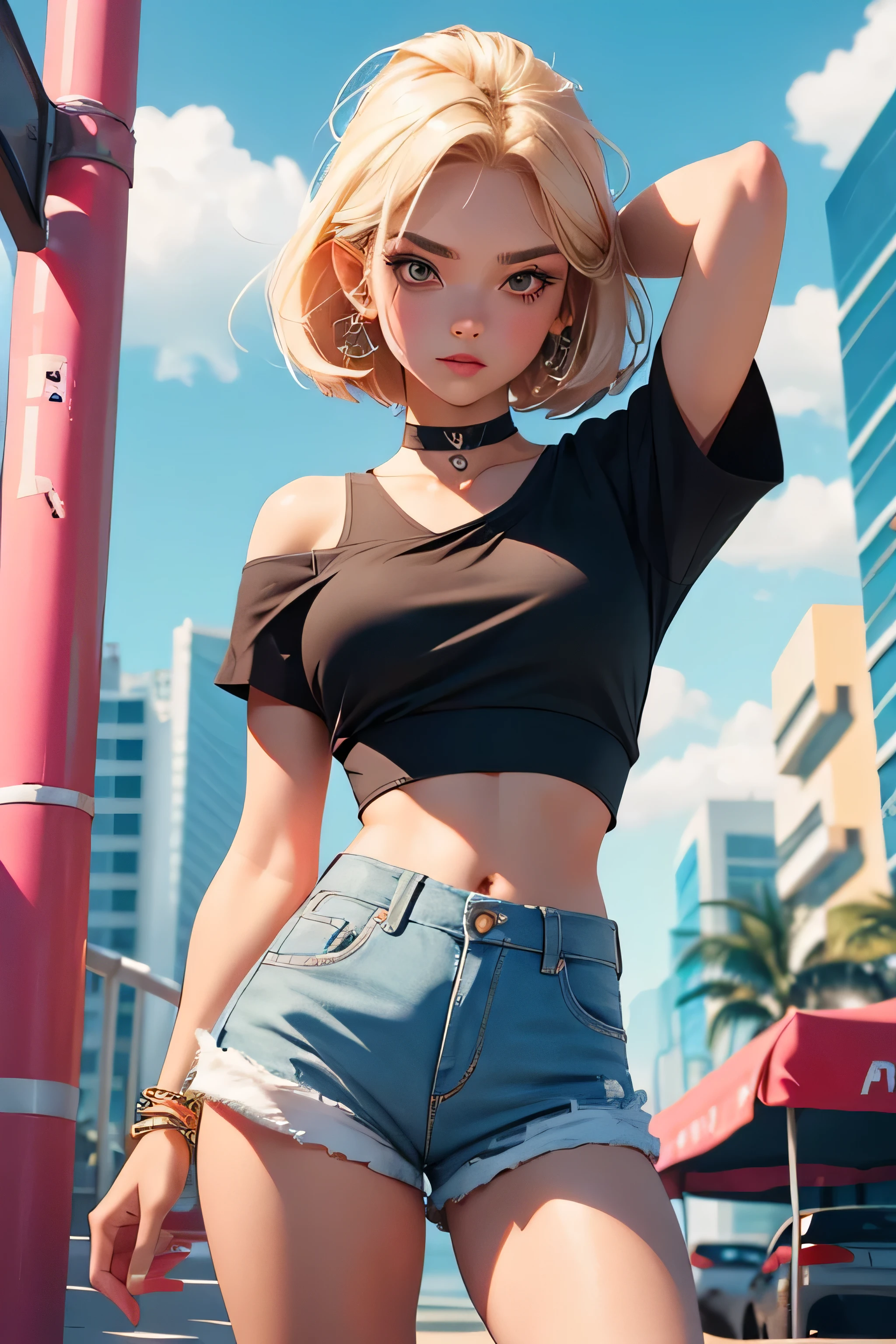 Teenage girl-model 18 years old, beautiful, blonde, bob hair, bangs, brown eyes, beautiful figure, girl wearing crop shirt and too short mini shorts, beautiful long legs, slave bracelets, slave choker, manicure, cute makeup, flirtatiously posing, hot summer, hot flirty, sexy posing, summer outfit, top quality, higest quality, pin-up style, retro 80s style, Daisy Dukes style, slave girl, Miami vibes,