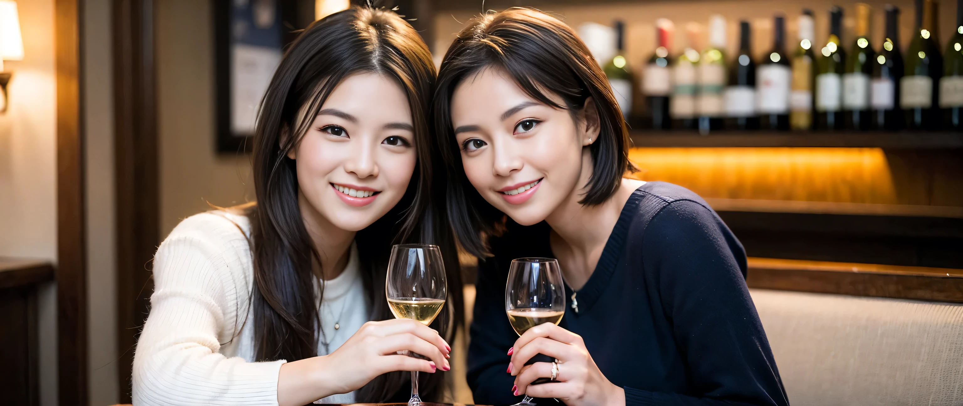 ((highest quality、8k、masterpiece:1.3))、1 male、1 female、Couple、Spouse、Couple、The body is slim、((Bob Hale、Straight hair:1.2)), (Realistic, Intricate details:1.2), Wine glass on the table、Put the light on your face、 Amazing view of the sunset sky and clouds、Amazing mountain views、A bright smile、The wonderfulness of smile、Bright image、The beauty of wine, Beautiful Face, blue eyes, The light shines on your face, Blushing, short hair,Bright Face、 (Age 37), 39 years old, red wine 、Appetizers、Italian food、Wine bottle、Champagne、sparkling wine、Two beauties、Brown Hair、Shortcuts、Long sleeve shirt、dress、Pretty Woman 1, (Slim face), (The body is slim), (Brown Hair), (Shortcuts), cheeks turn a little red,Attractive beauty、restaurant, In a prominent place (From the waist up) Nova Frog Style, actress, model, Upper Body, White wine, slim, wine glass, A wine glass placed in the center, smile, (smile: 1.15), Beautiful fine grain, Depth f/2,saturation, High Contrast, Strong light and shadow,Moist Body:1.5、3D texture、Delicate eyes、Brown Hair、The hair is very shiny、