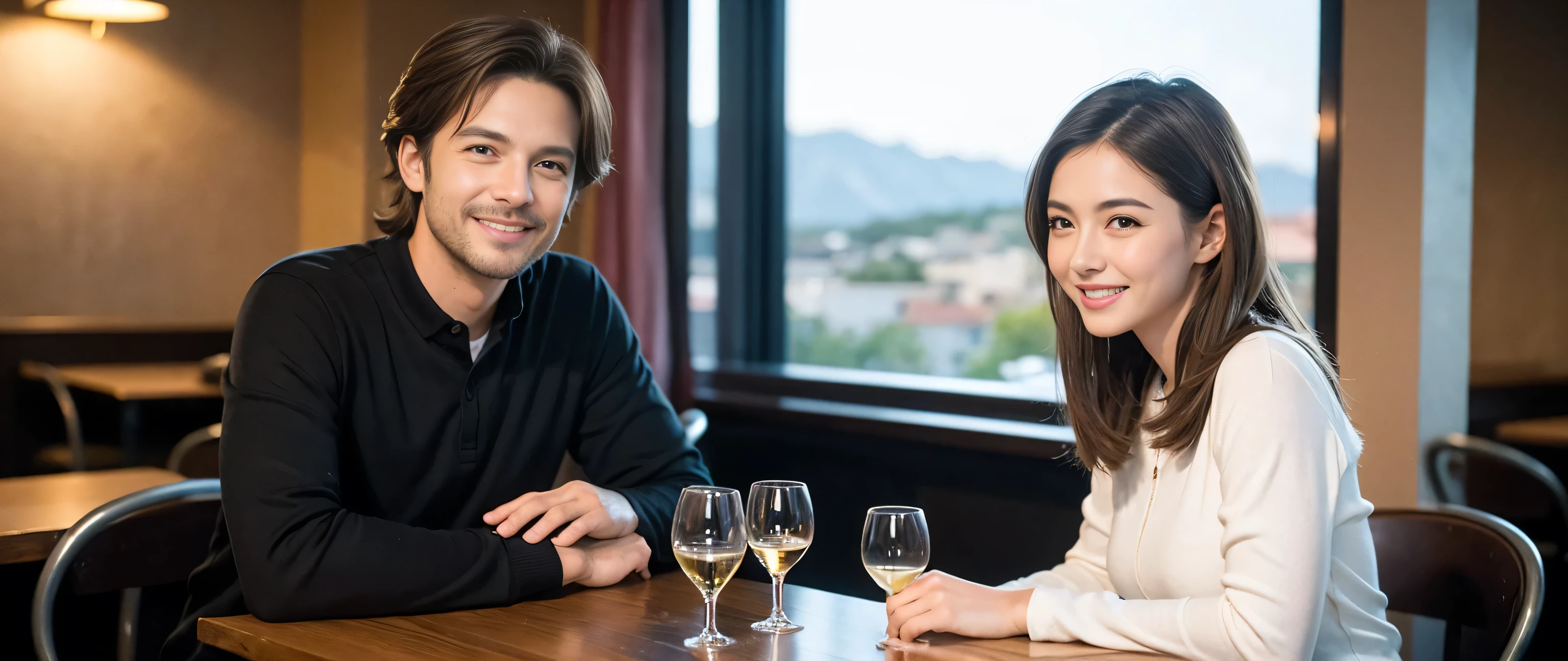 ((Highest quality、、masterpiece:1.3))、1 male、1 female、spouse、Beautiful couple、smile、full-course dinner、 (Slim face), (the body is スリム), (Brown Hair), (Shortcuts), ((Bob Hale、Straight hair:1.2)), テーブルの上のwine glass、Shine light on your face、 Amazing view of the sunset sky and clouds、smileの美しさ、Bright image、Blushing, Shortcuts, (43 years old), 39 years old, Appetizers、Italian food、Wine bottle、Champagne、sparkling wine、Long sleeve shirt、dress、Attractive beauty、restaurant, Nova Frog Style, actress, model, Upper Body, White wine, red wine, wine glass, 