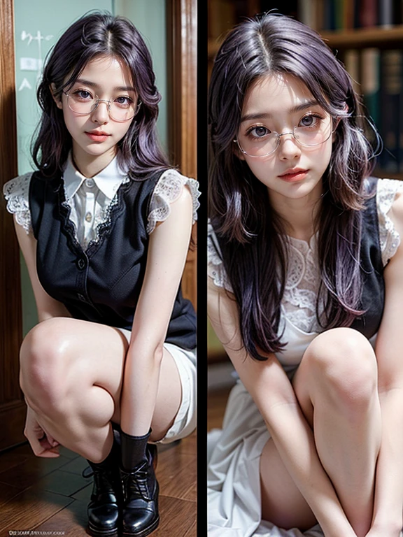 (1 lady), (Best quality at best:1.4), (ultra - detailed), (extremely detailed CG unified 16k), A Beautiful Woman with Perfect Figure: 1.4, Sharp Focus: 1.2, purple hair, very detailed, High-definition RAW color photo, professional photoshooting, amazing face and eyes, cosmetics, standing (on her feet), (amazingly beautiful girl), ((kotomi)), ((exact clothes: white dress, black vest, Black Lace Bridal Gloves, glasses, wearing black combat boots)), (looking cute, immerse in her own thoughts expression), (City park, extremely detailed background, realistic background, first date vibes), (look from above), realistic cinematic face, (head to feet long wide zoomed out view, full body long view, head to shoes), photorealistic, ((realistic natural purple hair style, purple eyes)), gorgeous, extremely beautiful face, pretty face, delicate girl, skinny but in good shape, perfect model beauty, pout mouth, Highly Detailed Face and Skin Texture, Detailed Eyes, Double Eyelids, Medium size breasts, shy but motivated expression, (masterpiece), best quality, high resolution, extremely detailed, cinematic lighting, amazing legs, clear and well-cared skin, (milky pale skin, white skin like milk), official dior editorial, trending on pinterest, dreamy, aesthetic, ((style raw))