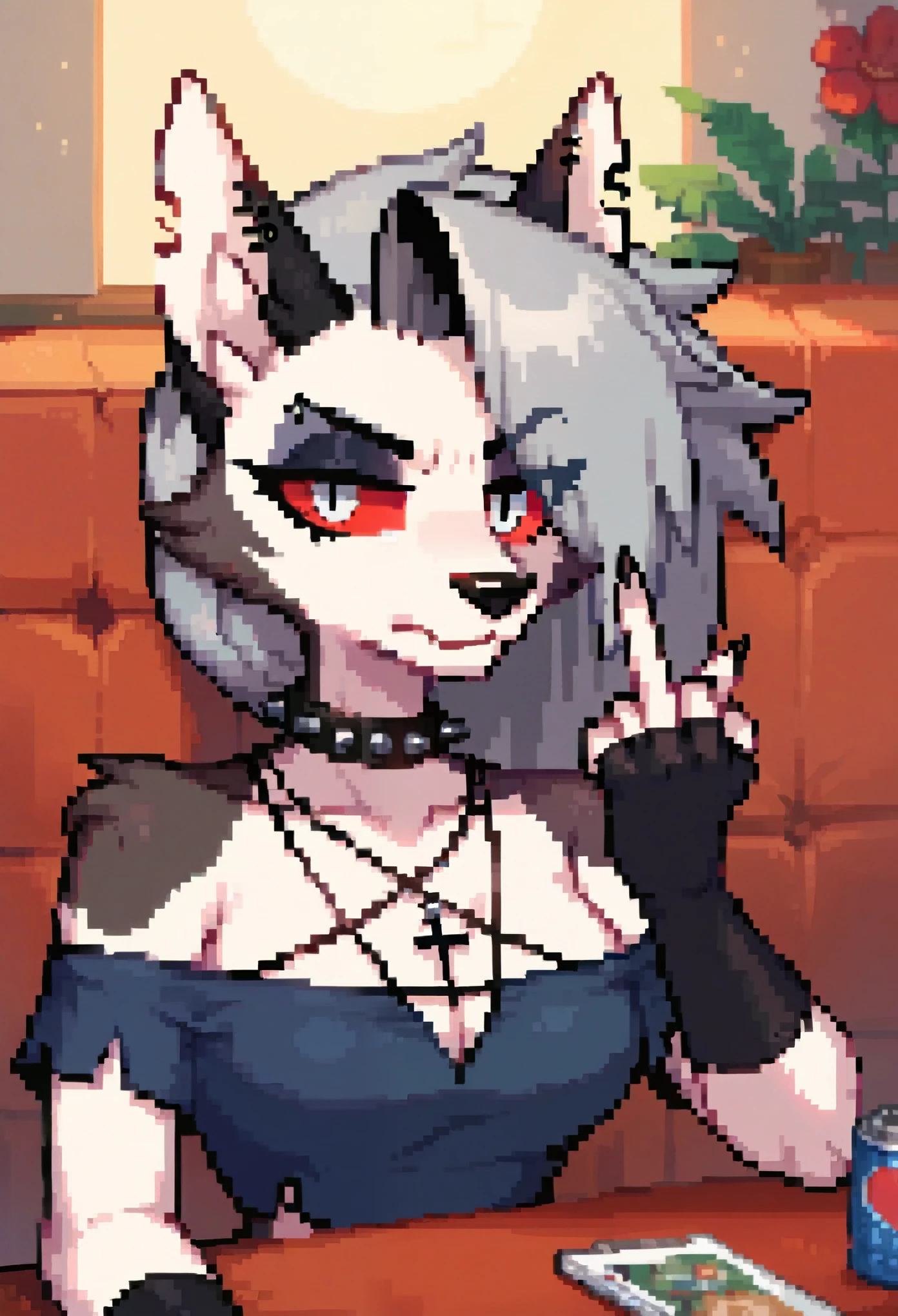 score_9, score_8_up, score_7_up, score_6_up, rating_safe, source_furry, BREAK source anime, content, by vivzmind, mammal, canid, canid demon, demon, anthro, female, solo, eyewear, jewelry, necklace, helluva boss, gesture,middle finger, hellhound, loona, choker, goth, cross, official art, inverted cross, instagram, upper body pixel,pixel art, 8 bits, 